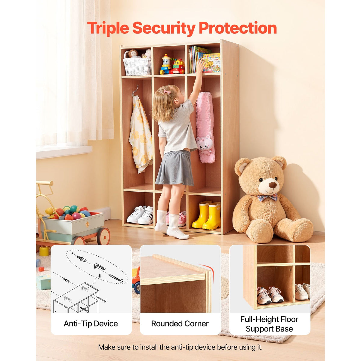 3-Section Kids Coat Locker, Wooden Toddler Cubby Storage Organizer with 6 Hooks & Non-Slip Mat, Modern Kid Coat Cubbies with 6 Small Open Storage Boxes for Home, Kindergarten, Daycare, Natural
