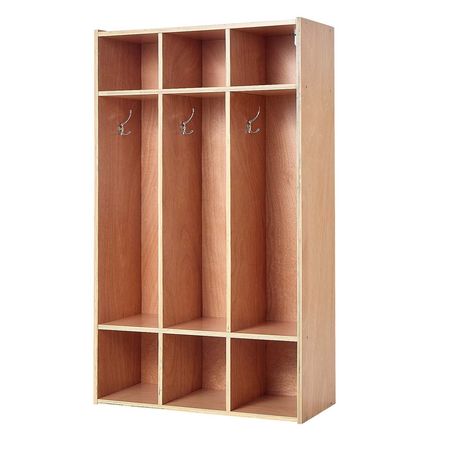 3-Section Kids Coat Locker, Wooden Toddler Cubby Storage Organizer with 6 Hooks & Non-Slip Mat, Modern Kid Coat Cubbies with 6 Small Open Storage Boxes for Home, Kindergarten, Daycare, Natural