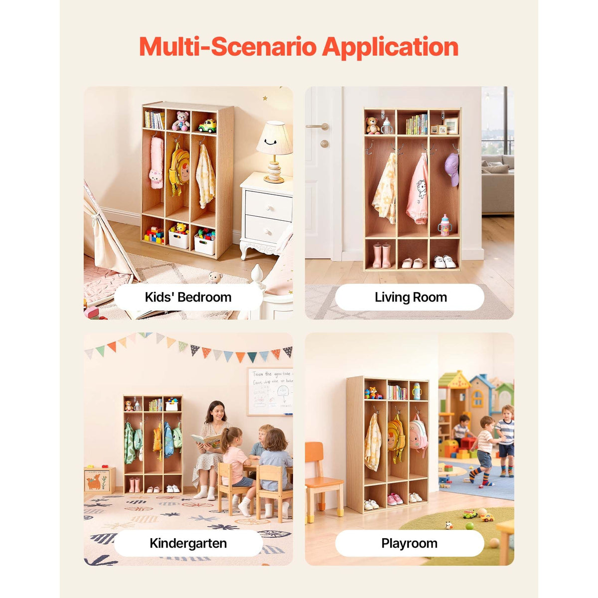 3-Section Kids Coat Locker, Wooden Toddler Cubby Storage Organizer with 6 Hooks & Non-Slip Mat, Modern Kid Coat Cubbies with 6 Small Open Storage Boxes for Home, Kindergarten, Daycare, Natural
