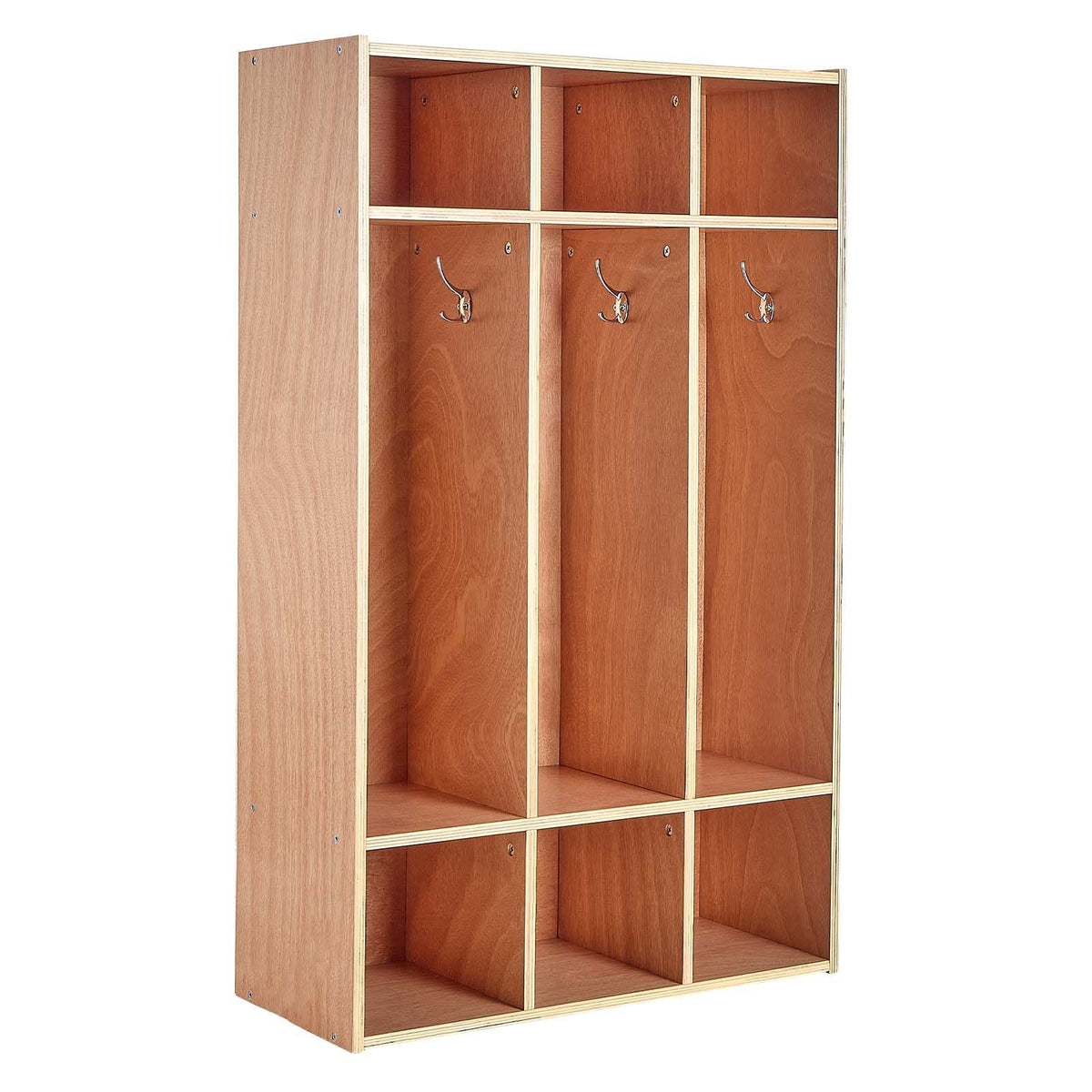 3-Section Kids Coat Locker, Wooden Toddler Cubby Storage Organizer with 6 Hooks & Non-Slip Mat, Modern Kid Coat Cubbies with 6 Small Open Storage Boxes for Home, Kindergarten, Daycare, Natural