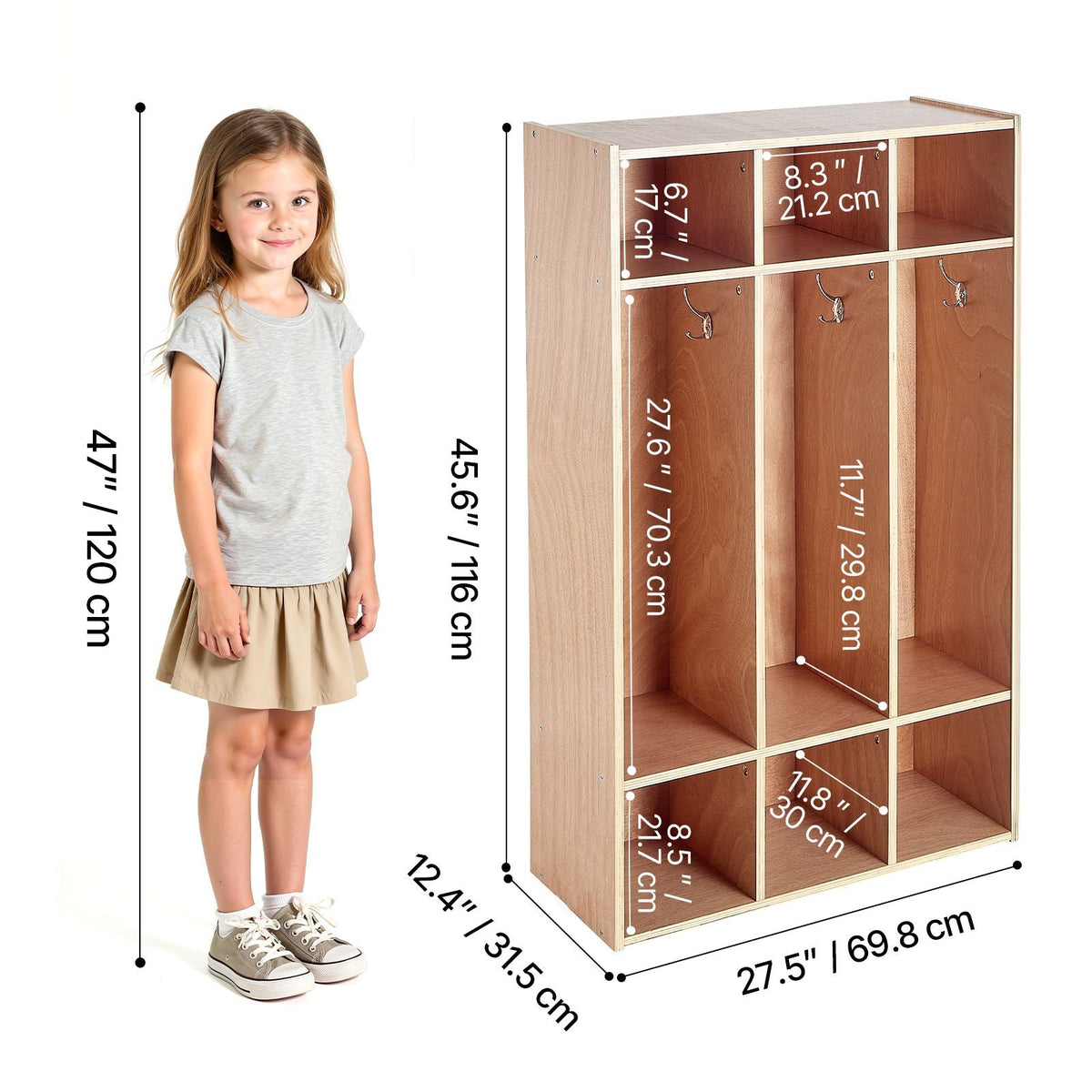 3-Section Kids Coat Locker, Wooden Toddler Cubby Storage Organizer with 6 Hooks & Non-Slip Mat, Modern Kid Coat Cubbies with 6 Small Open Storage Boxes for Home, Kindergarten, Daycare, Natural