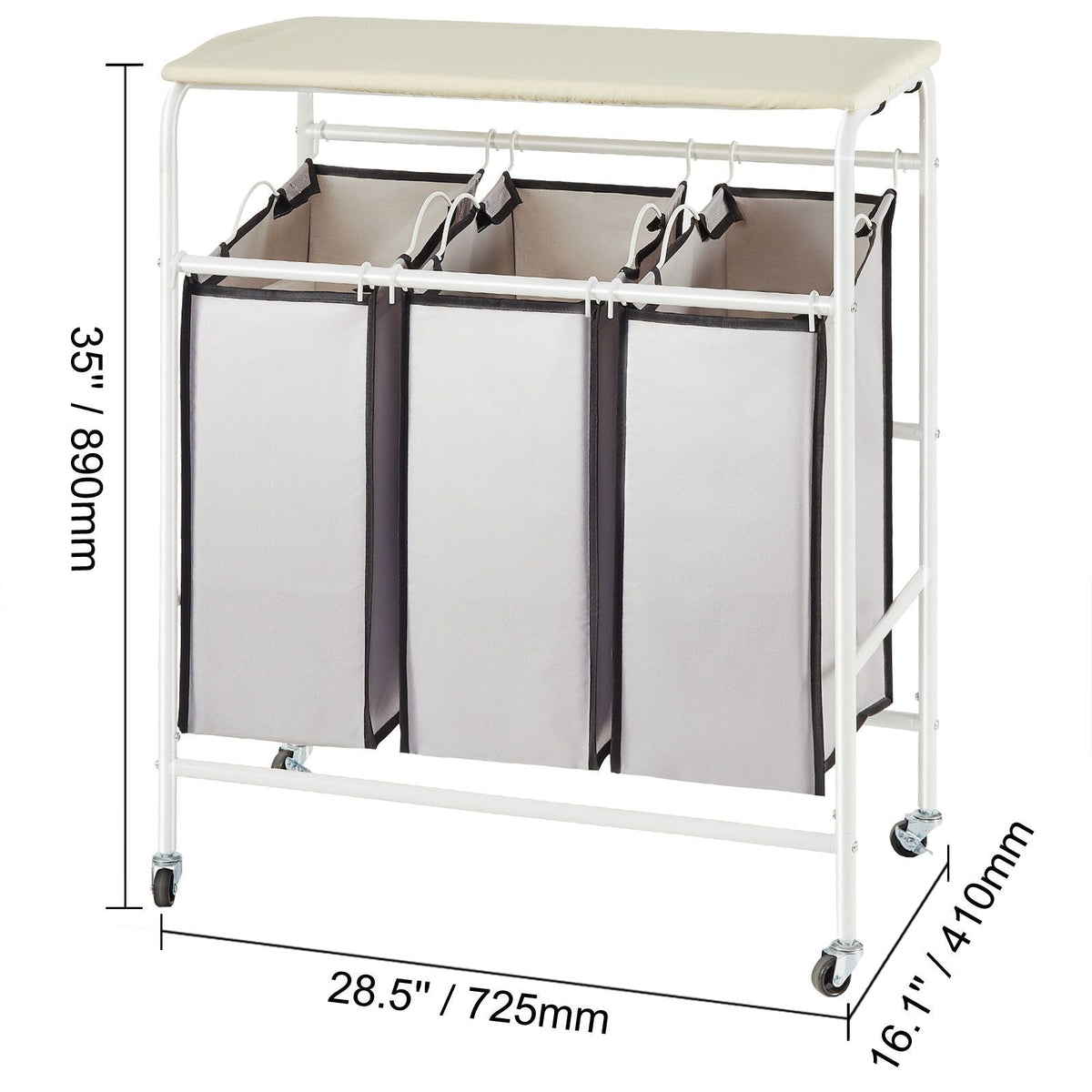 3-Section Laundry Sorter Cart with Ironing Board, Laundry Hamper with Heavy Duty Lockable Wheels and 3 Removable Bag, Rolling Laundry Basket Sorter for Clothes Storage