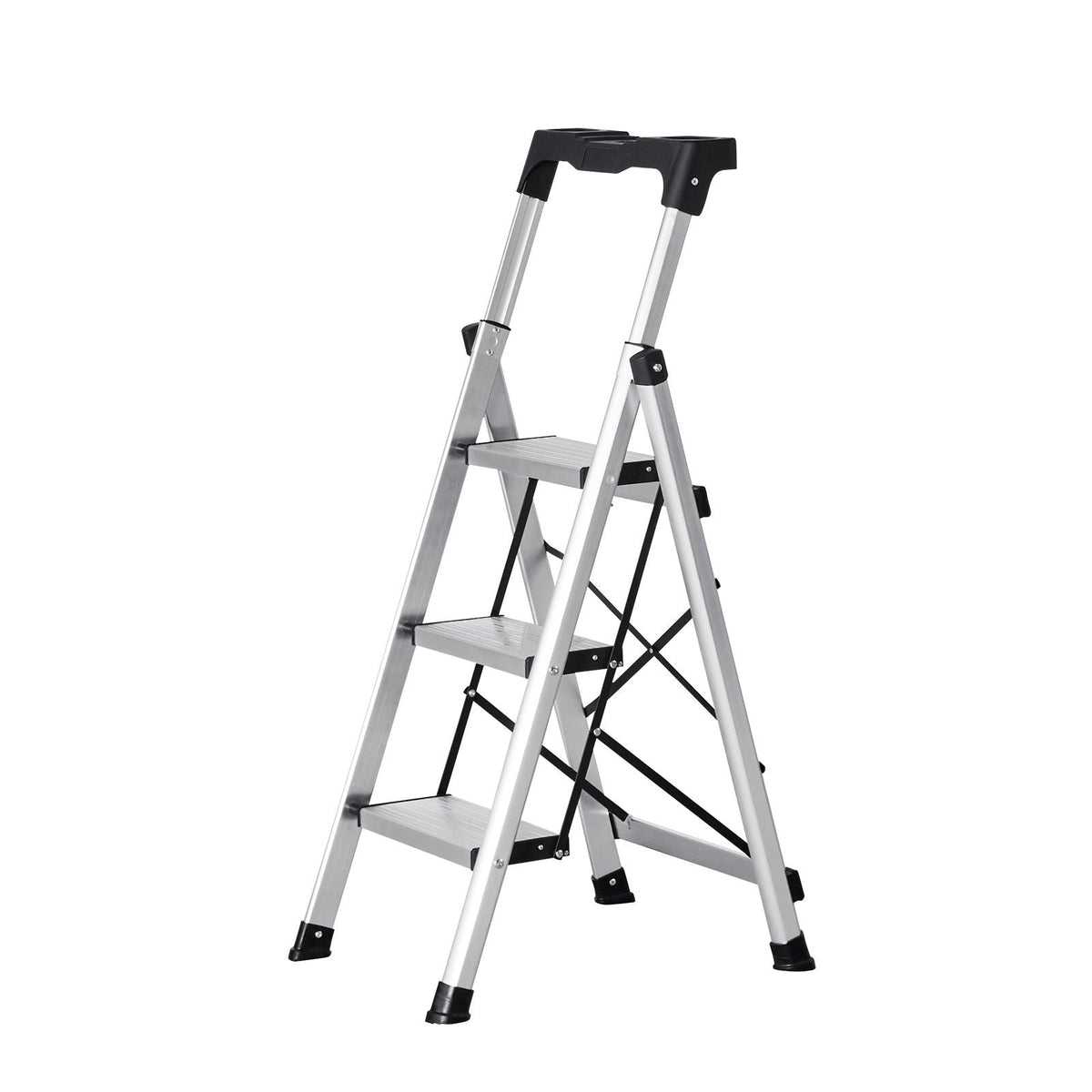 3 Step Ladder, Folding Step Stool with Wide Anti-Slip Pedal and Comfort Handgrip, 330 lbs Capacity Portable Aluminum Stepladder, Multi-Use for Kitchen, Warehouse, Household and Office, Silver