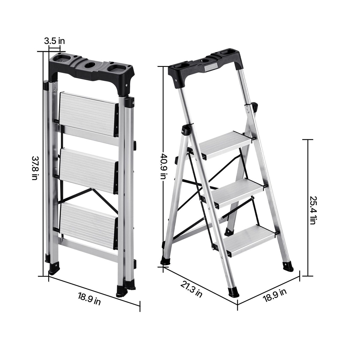 3 Step Ladder, Folding Step Stool with Wide Anti-Slip Pedal and Comfort Handgrip, 330 lbs Capacity Portable Aluminum Stepladder, Multi-Use for Kitchen, Warehouse, Household and Office, Silver