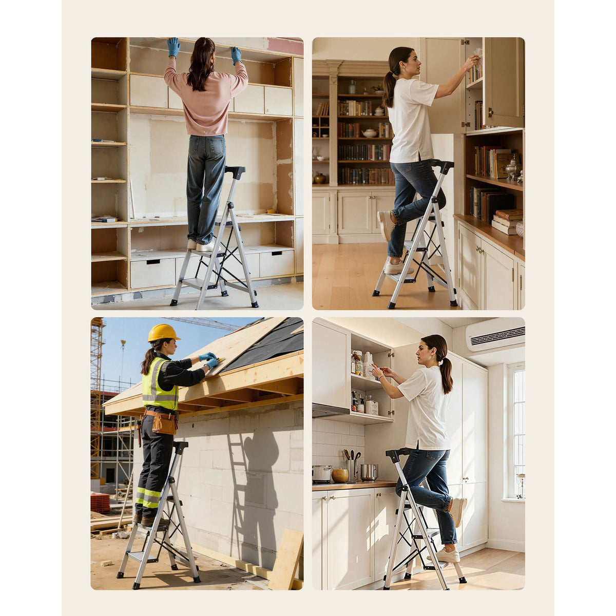 3 Step Ladder, Folding Step Stool with Wide Anti-Slip Pedal and Comfort Handgrip, 330 lbs Capacity Portable Aluminum Stepladder, Multi-Use for Kitchen, Warehouse, Household and Office, Silver