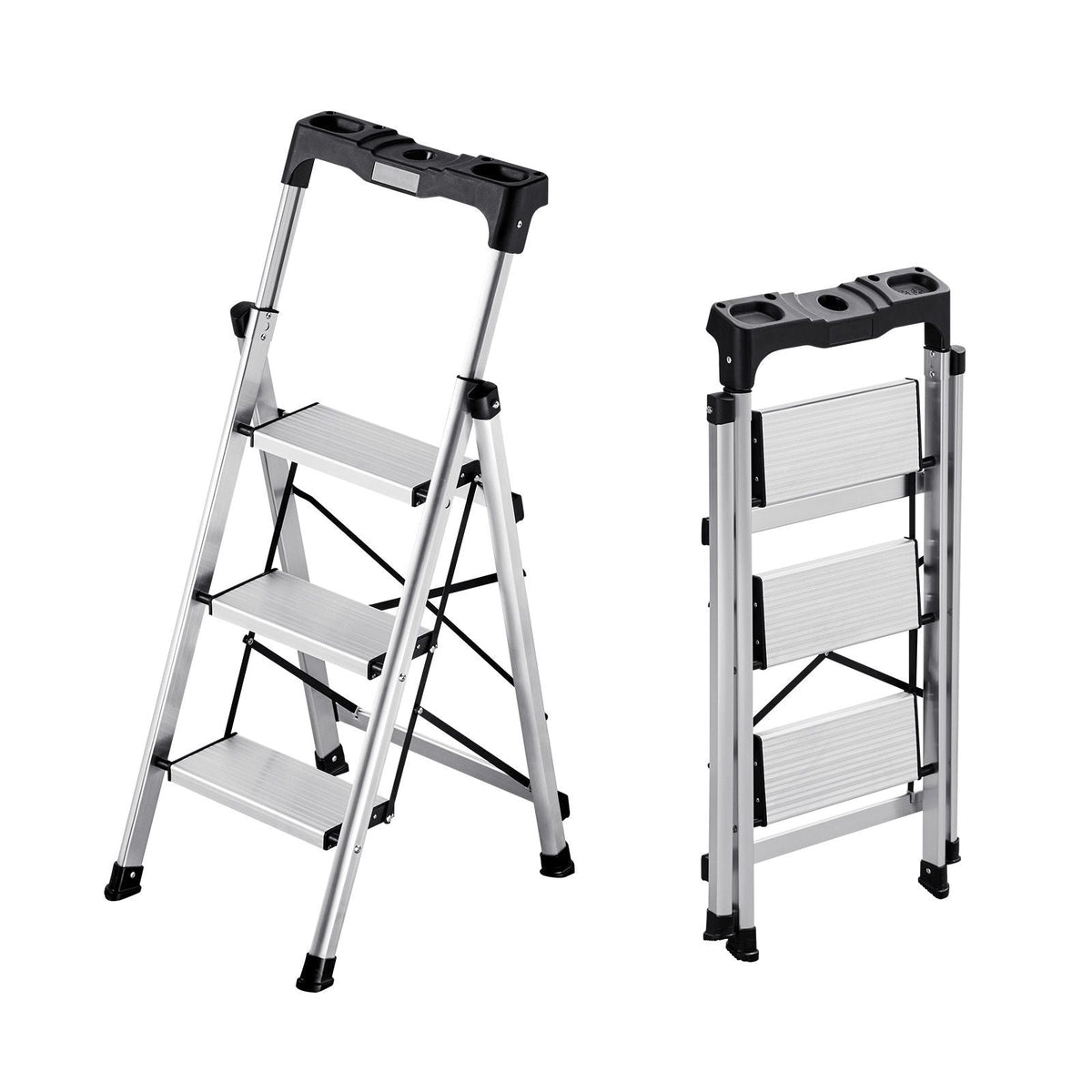 3 Step Ladder, Folding Step Stool with Wide Anti-Slip Pedal and Comfort Handgrip, 330 lbs Capacity Portable Aluminum Stepladder, Multi-Use for Kitchen, Warehouse, Household and Office, Silver