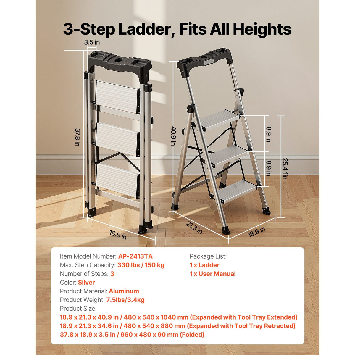 3 Step Ladder, Folding Step Stool with Wide Anti-Slip Pedal and Comfort Handgrip, 330 lbs Capacity Portable Aluminum Stepladder, Multi-Use for Kitchen, Warehouse, Household and Office, Silver