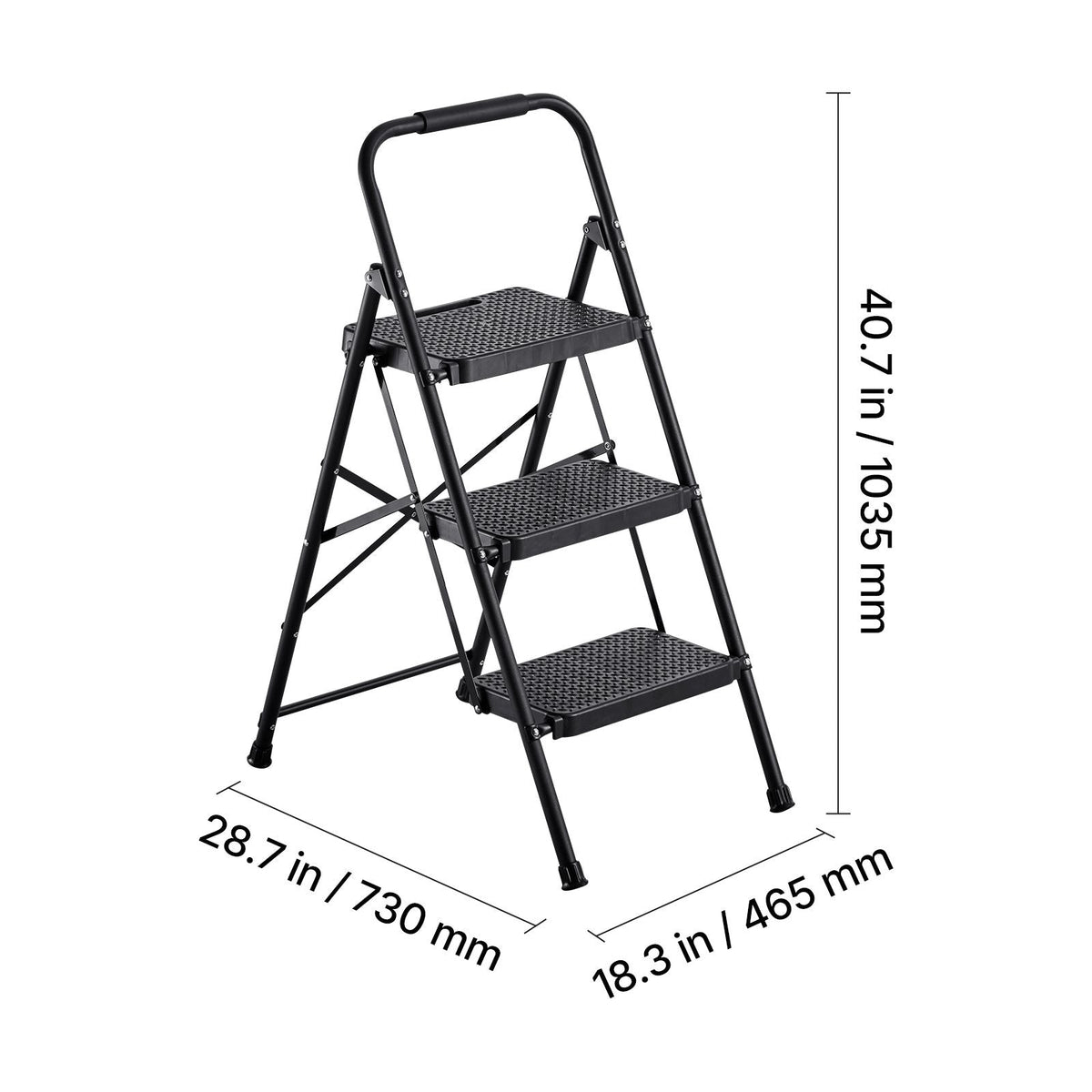 3 Step Ladder, Folding Step Stool with Wide Anti-Slip Pedal and Comfort Handgrip, Lightweight 600 lbs Capacity Portable Steel Ladder, Multi-Use for Kitchen, Home, Household and Office, Black
