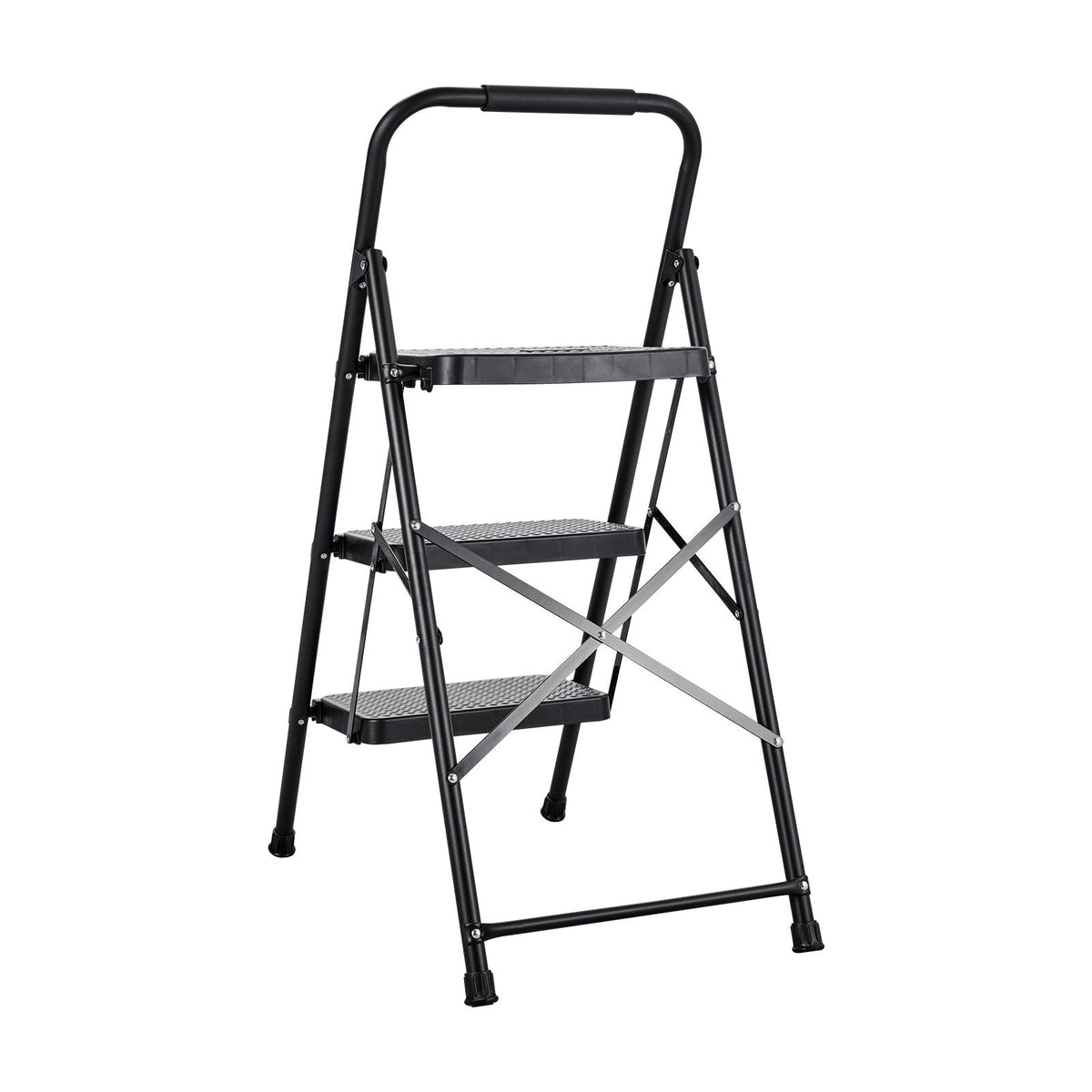 3 Step Ladder, Folding Step Stool with Wide Anti-Slip Pedal and Comfort Handgrip, Lightweight 600 lbs Capacity Portable Steel Ladder, Multi-Use for Kitchen, Home, Household and Office, Black