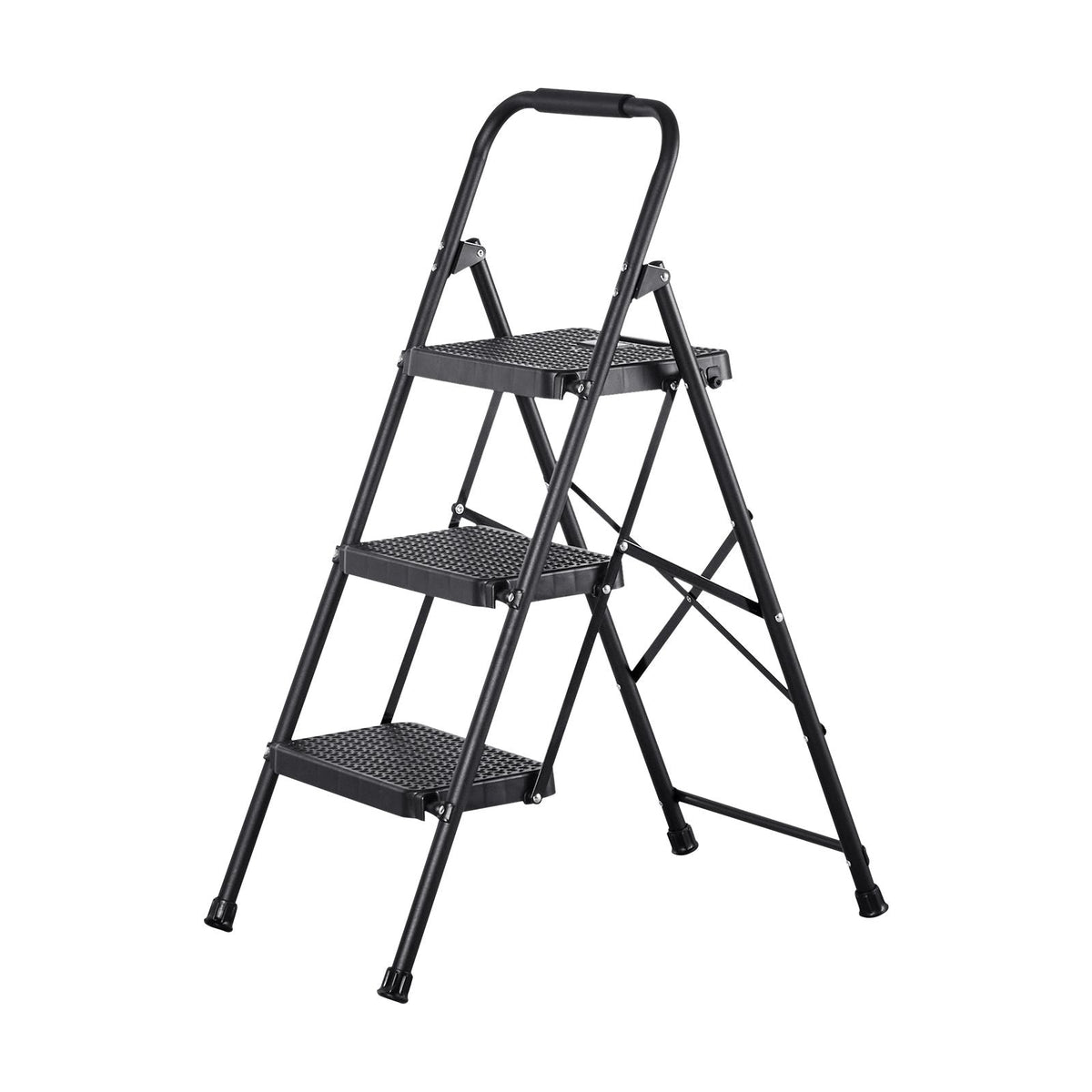 3 Step Ladder, Folding Step Stool with Wide Anti-Slip Pedal and Comfort Handgrip, Lightweight 600 lbs Capacity Portable Steel Ladder, Multi-Use for Kitchen, Home, Household and Office, Black
