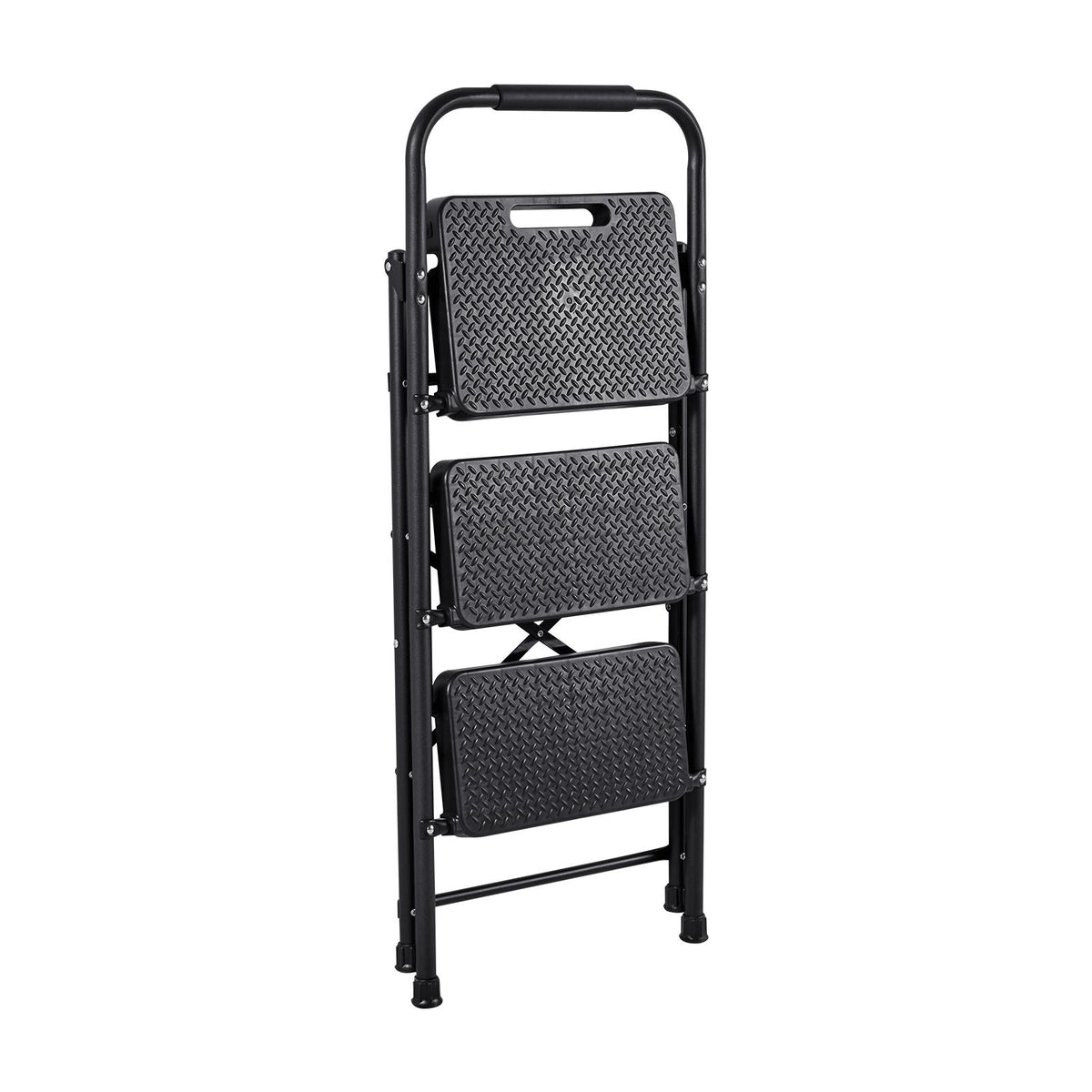 3 Step Ladder, Folding Step Stool with Wide Anti-Slip Pedal and Comfort Handgrip, Lightweight 600 lbs Capacity Portable Steel Ladder, Multi-Use for Kitchen, Home, Household and Office, Black