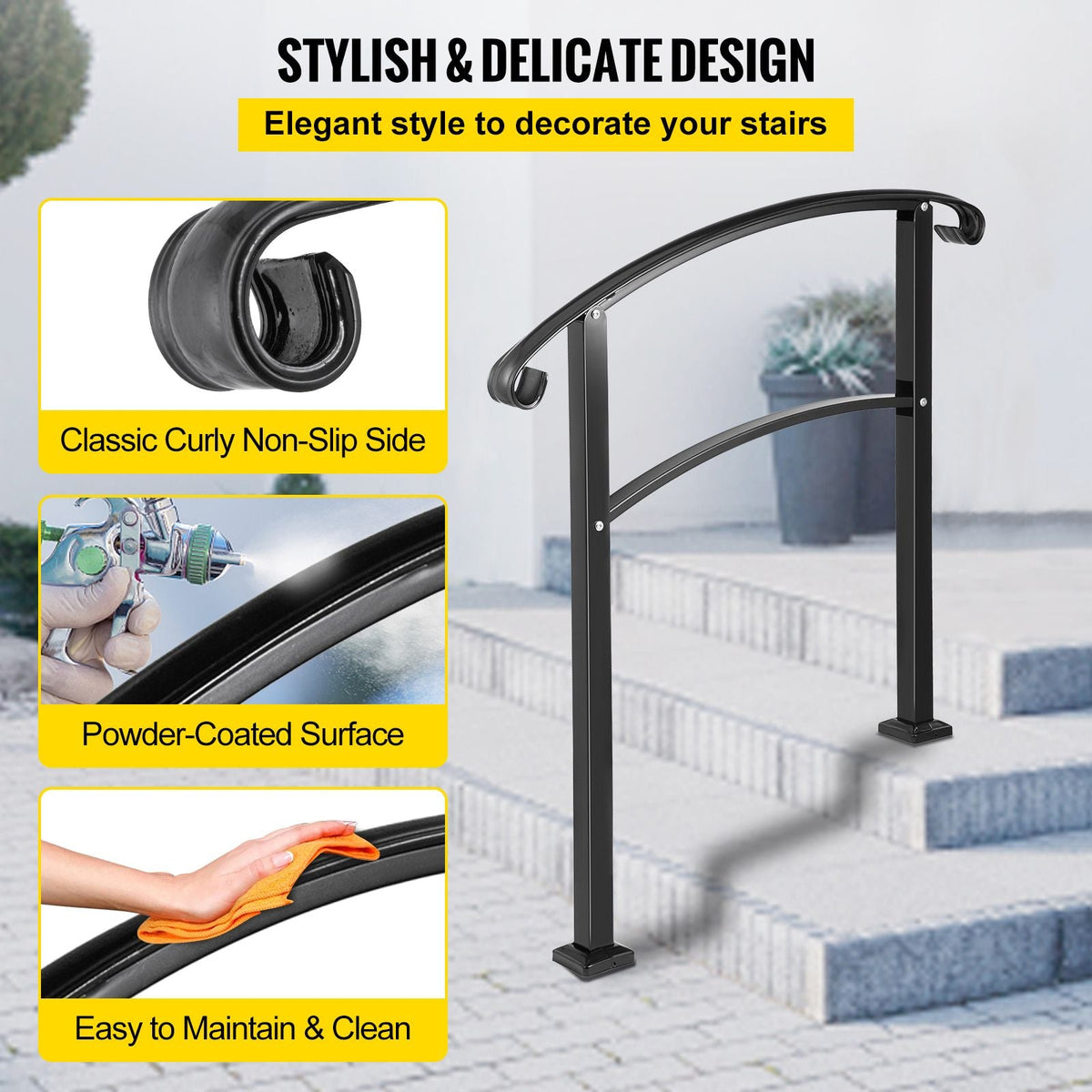 3-Step Transitional Handrail Fits 1 or 3 Steps Matte Stair Rail Wrought Iron Handrail with Installation Kit Hand Rails for Outdoor Steps (Unadjustable) (Black)