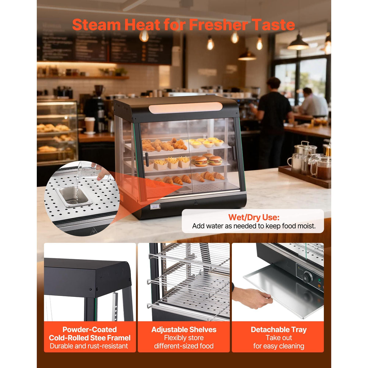 3-Tier Commercial Food Warmer Display, 1200W Food Display Warmer with LED Light, Top Storage and Adjustable Shelves, 86-185 Fahrenheit Steam Heating, 106Qt/100L for Hamburger, Pizza, Bread