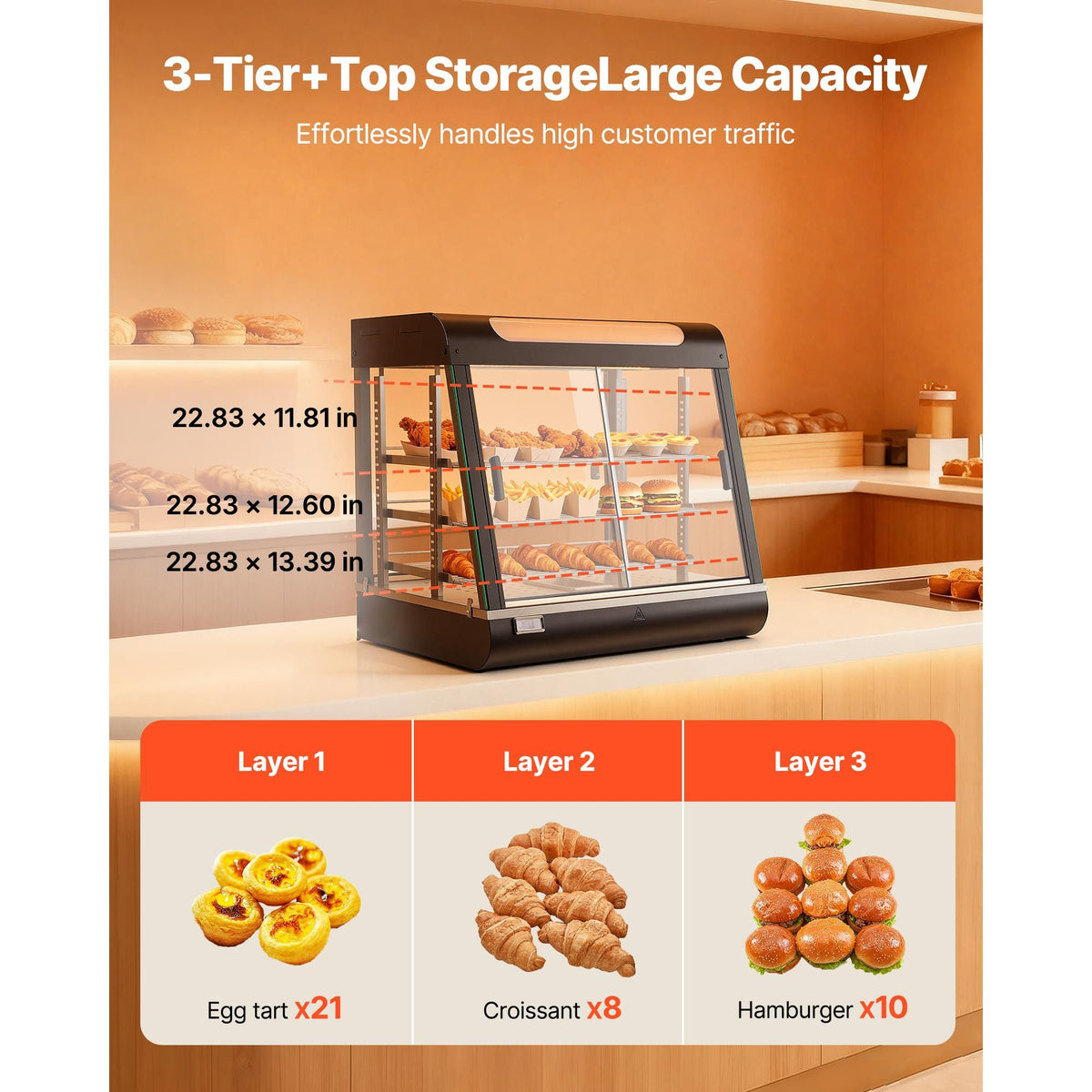3-Tier Commercial Food Warmer Display, 1200W Food Display Warmer with LED Light, Top Storage and Adjustable Shelves, 86-185 Fahrenheit Steam Heating, 106Qt/100L for Hamburger, Pizza, Bread
