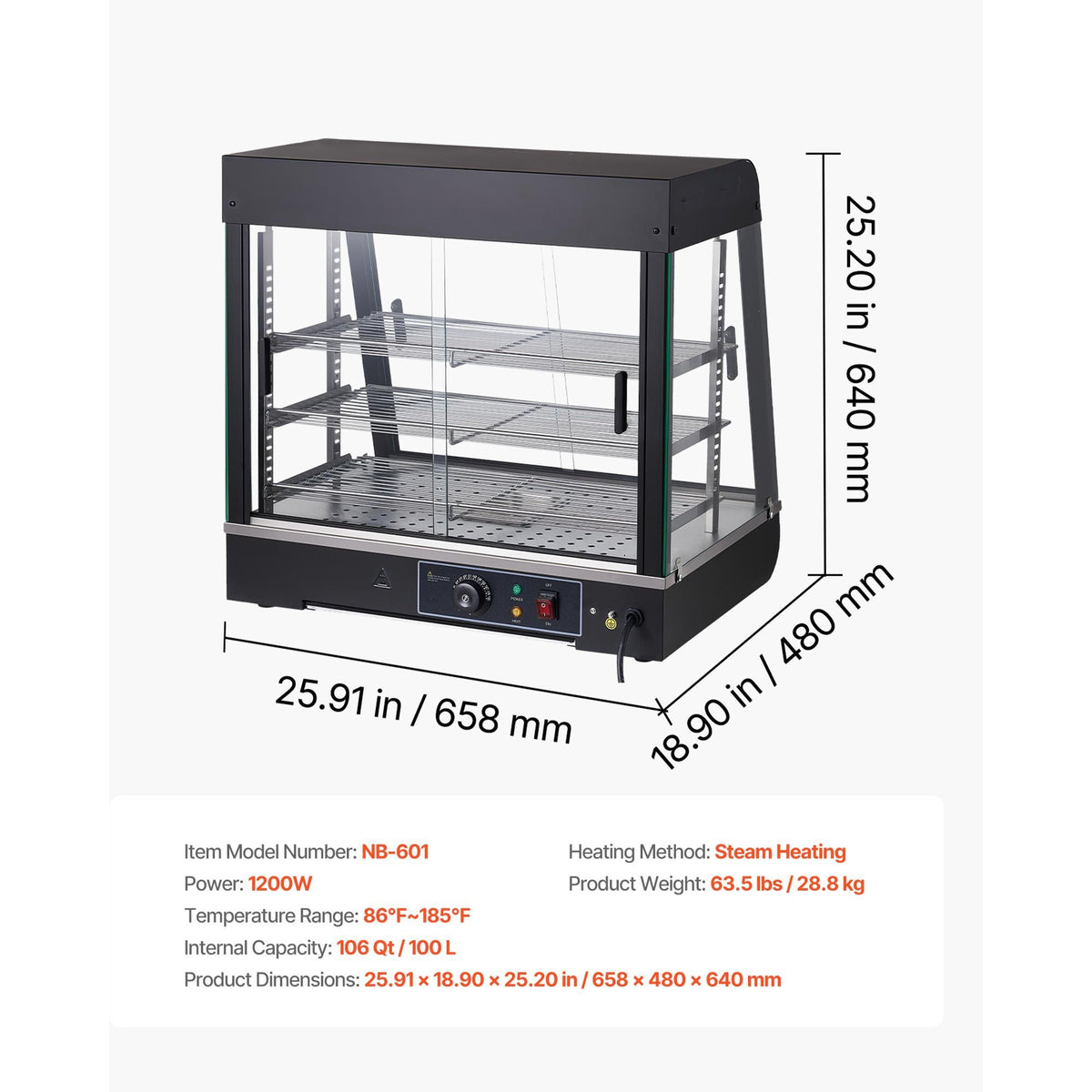 3-Tier Commercial Food Warmer Display, 1200W Food Display Warmer with LED Light, Top Storage and Adjustable Shelves, 86-185 Fahrenheit Steam Heating, 106Qt/100L for Hamburger, Pizza, Bread