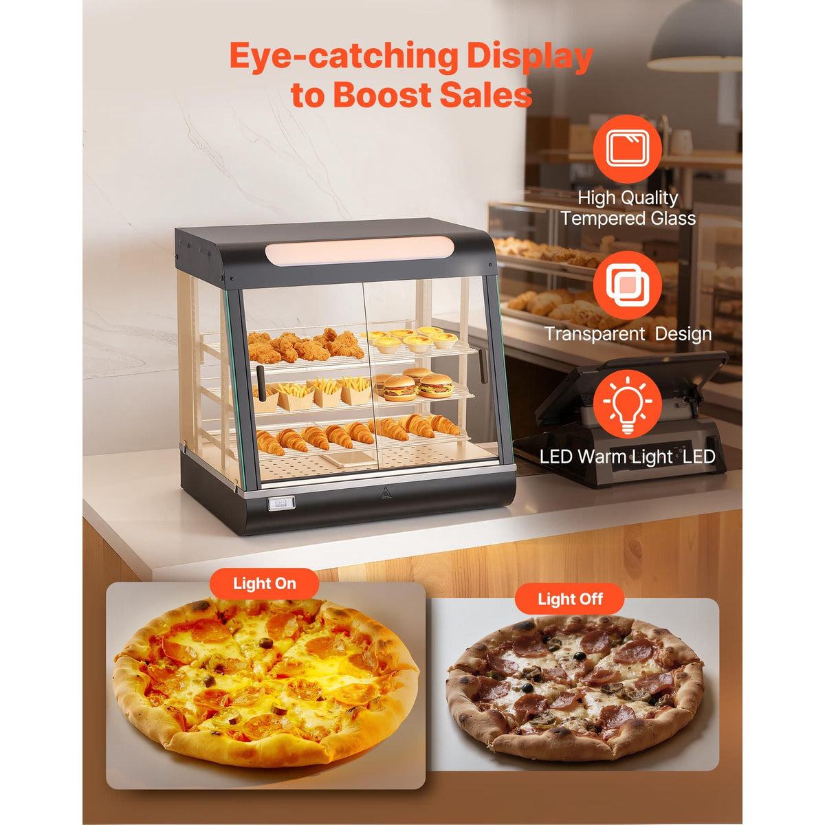 3-Tier Commercial Food Warmer Display, 1200W Food Display Warmer with LED Light, Top Storage and Adjustable Shelves, 86-185 Fahrenheit Steam Heating, 106Qt/100L for Hamburger, Pizza, Bread