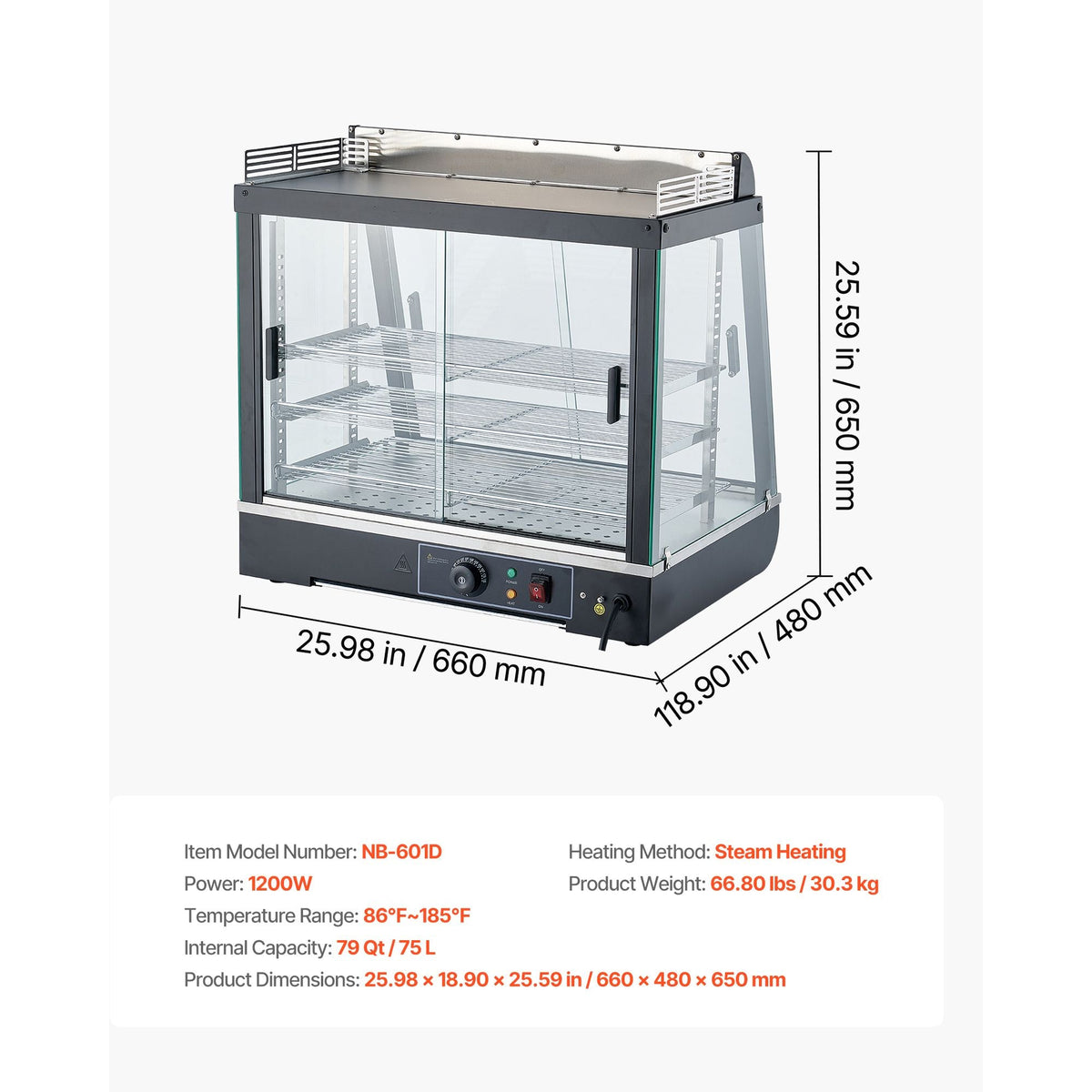 3-Tier Commercial Food Warmer Display, 1200W Food Display Warmer with LED Light, Top Storage and Adjustable Shelves, 86-185 Fahrenheit Steam Heating, 75L for Hamburger, Pizza, Bread