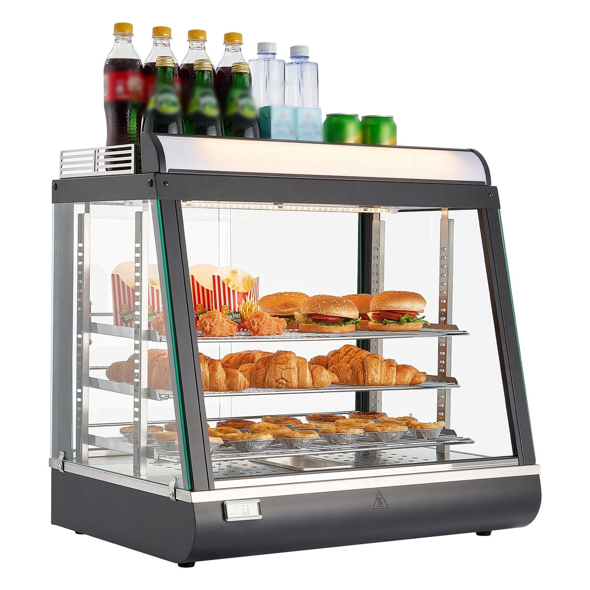 3-Tier Commercial Food Warmer Display, 1200W Food Display Warmer with LED Light, Top Storage and Adjustable Shelves, 86-185 Fahrenheit Steam Heating, 75L for Hamburger, Pizza, Bread