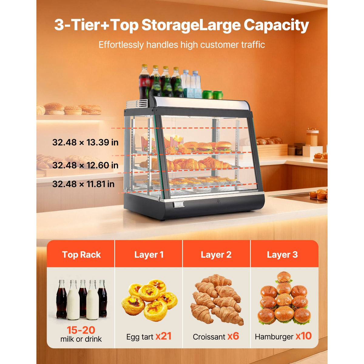 3-Tier Commercial Food Warmer Display, 1200W Food Display Warmer with LED Light, Top Storage and Adjustable Shelves, 86-185 Fahrenheit Steam Heating, 75L for Hamburger, Pizza, Bread
