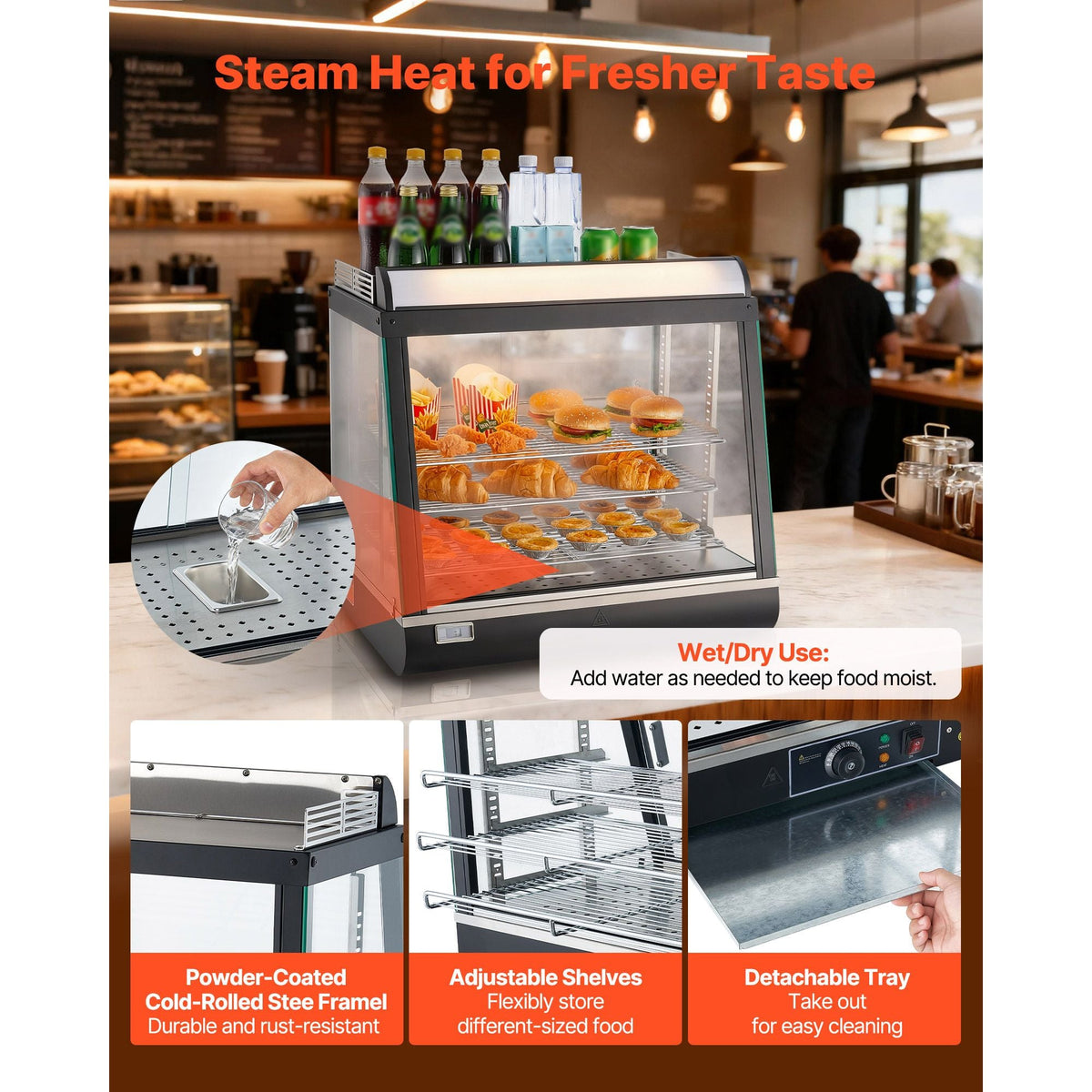 3-Tier Commercial Food Warmer Display, 1200W Food Display Warmer with LED Light, Top Storage and Adjustable Shelves, 86-185 Fahrenheit Steam Heating, 75L for Hamburger, Pizza, Bread