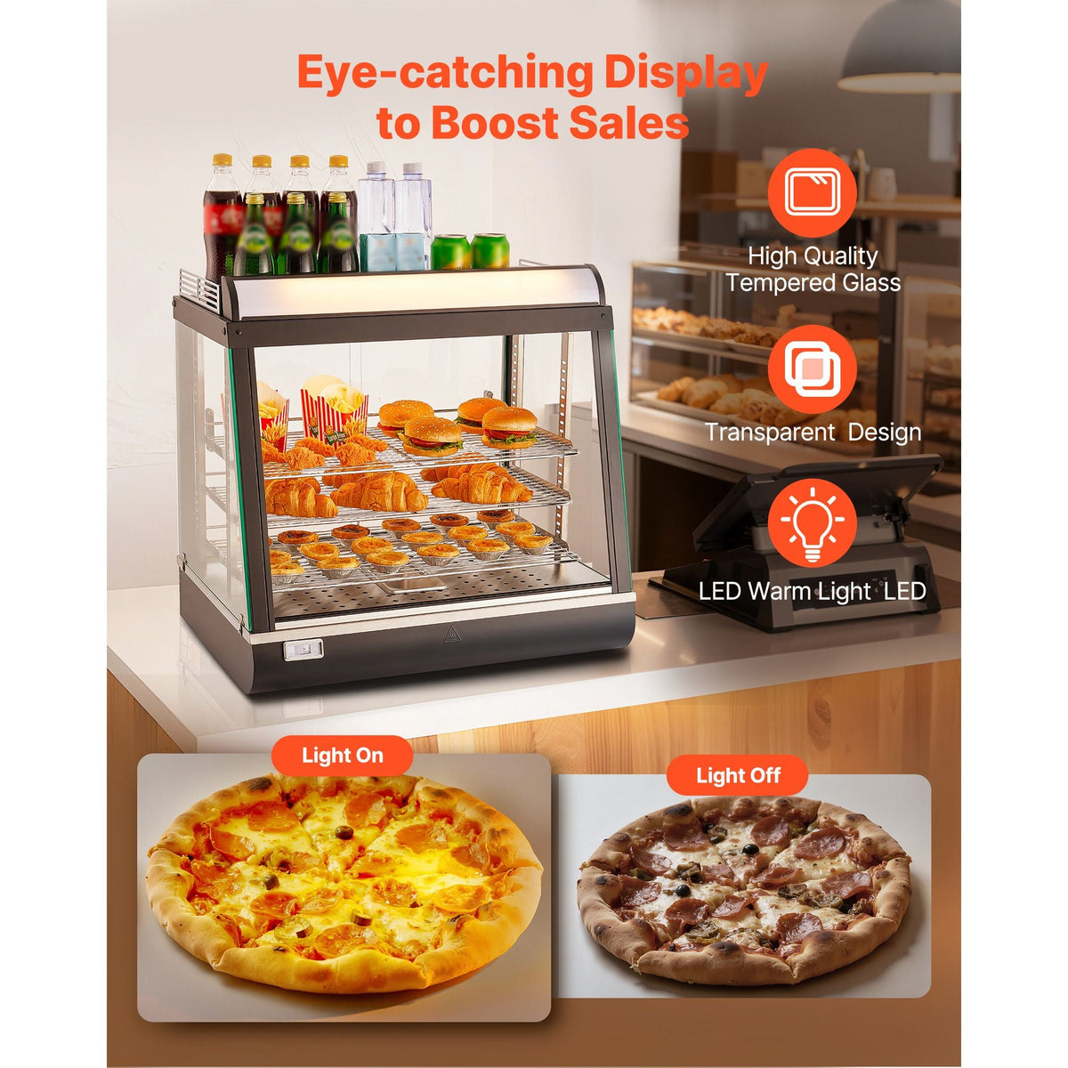 3-Tier Commercial Food Warmer Display, 1200W Food Display Warmer with LED Light, Top Storage and Adjustable Shelves, 86-185 Fahrenheit Steam Heating, 75L for Hamburger, Pizza, Bread