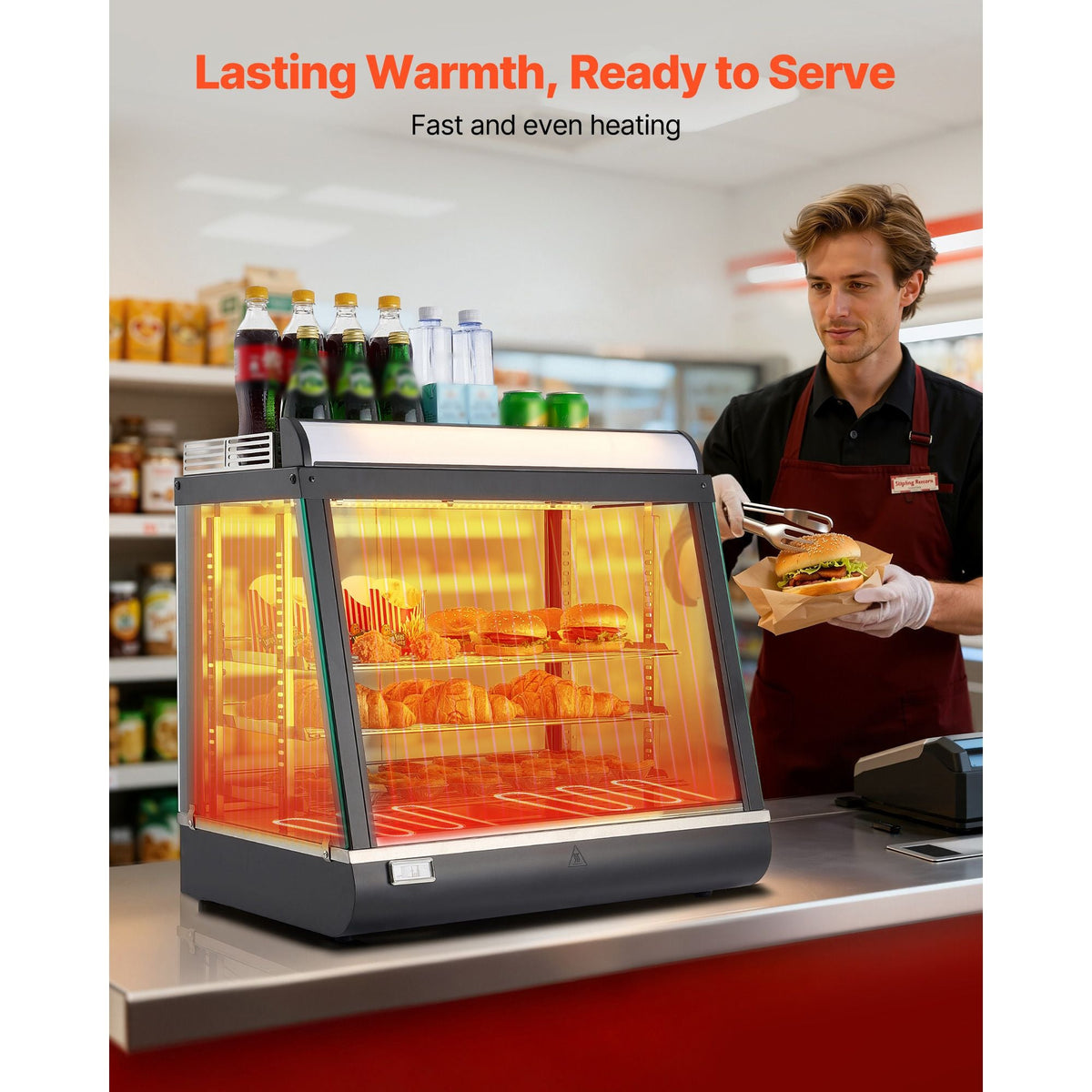 3-Tier Commercial Food Warmer Display, 1200W Food Display Warmer with LED Light, Top Storage and Adjustable Shelves, 86-185 Fahrenheit Steam Heating, 75L for Hamburger, Pizza, Bread