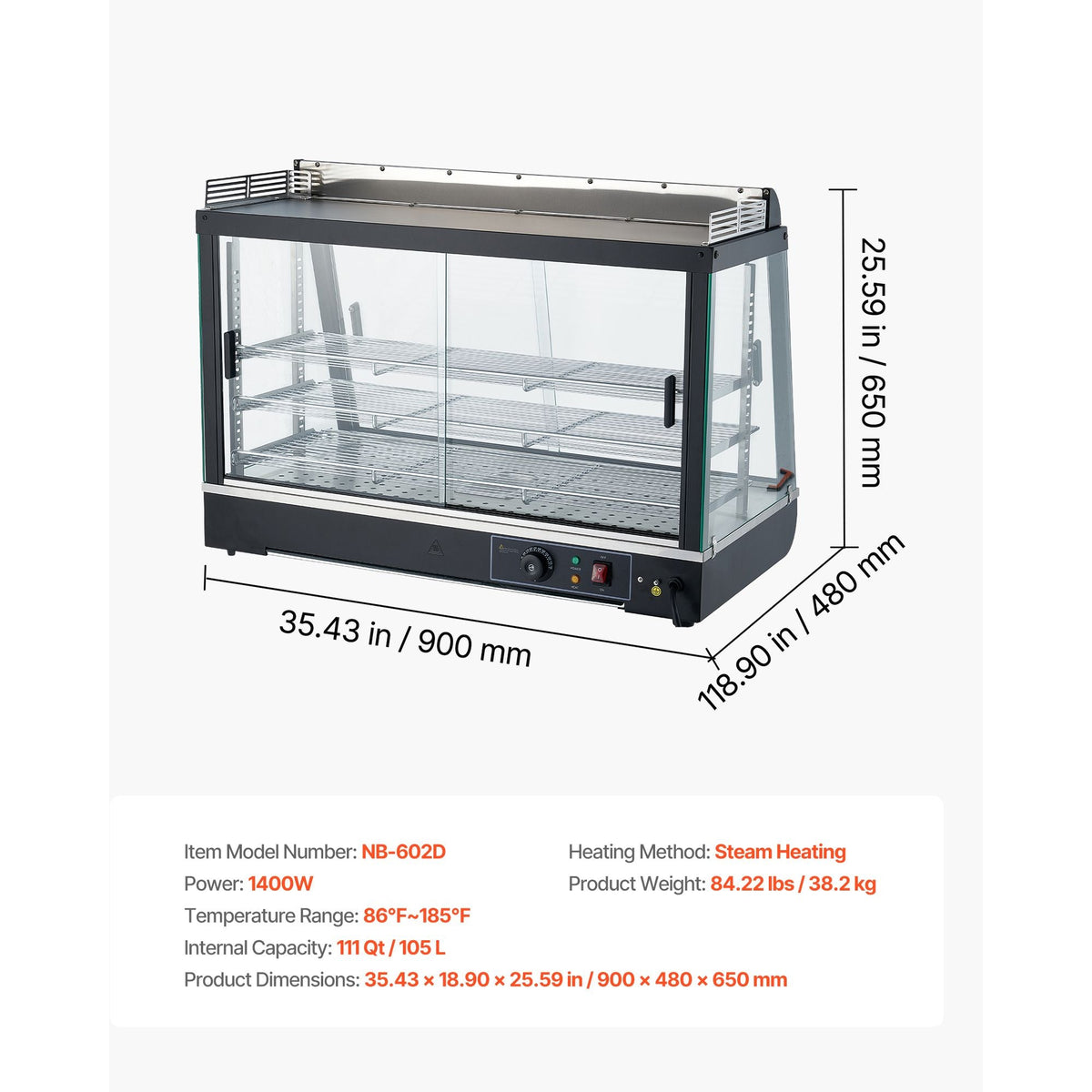 3-Tier Commercial Food Warmer Display, 1400W Food Display Warmer with LED Light, Top Storage and Adjustable Shelves, 86-185 F Steam Heating, 105L for Hamburger, Pizza, Bread, Fried Chicken