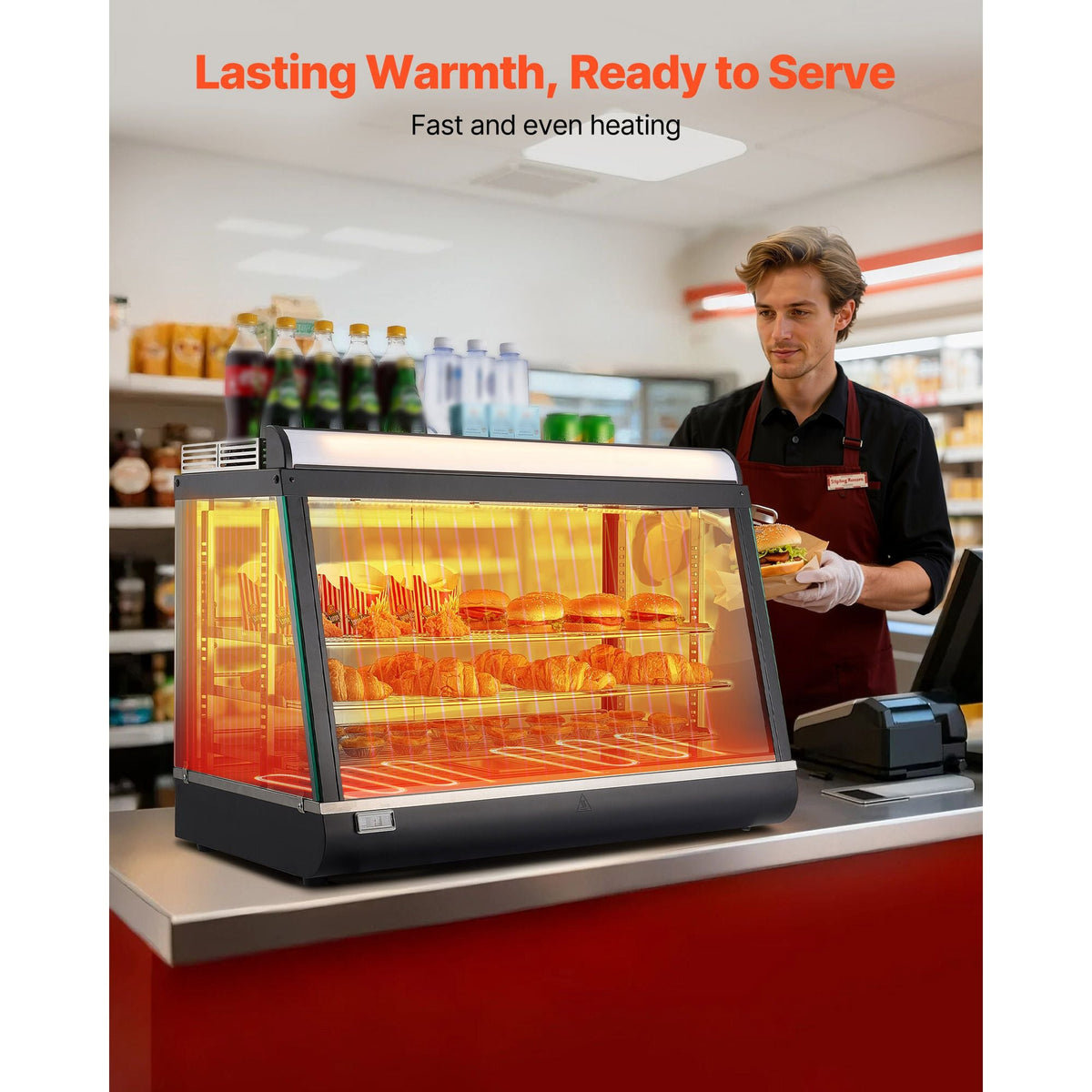 3-Tier Commercial Food Warmer Display, 1400W Food Display Warmer with LED Light, Top Storage and Adjustable Shelves, 86-185 F Steam Heating, 105L for Hamburger, Pizza, Bread, Fried Chicken