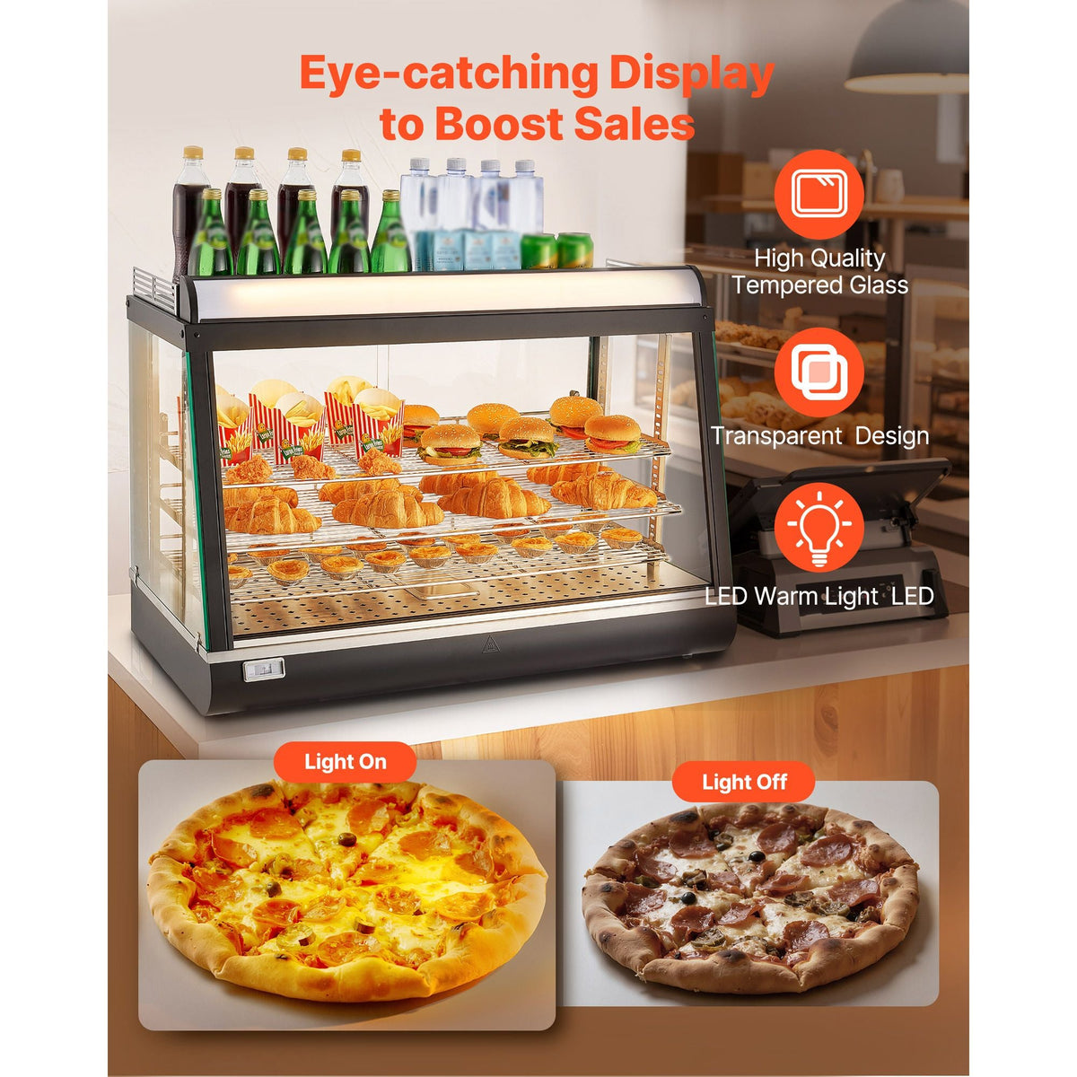 3-Tier Commercial Food Warmer Display, 1400W Food Display Warmer with LED Light, Top Storage and Adjustable Shelves, 86-185 F Steam Heating, 105L for Hamburger, Pizza, Bread, Fried Chicken