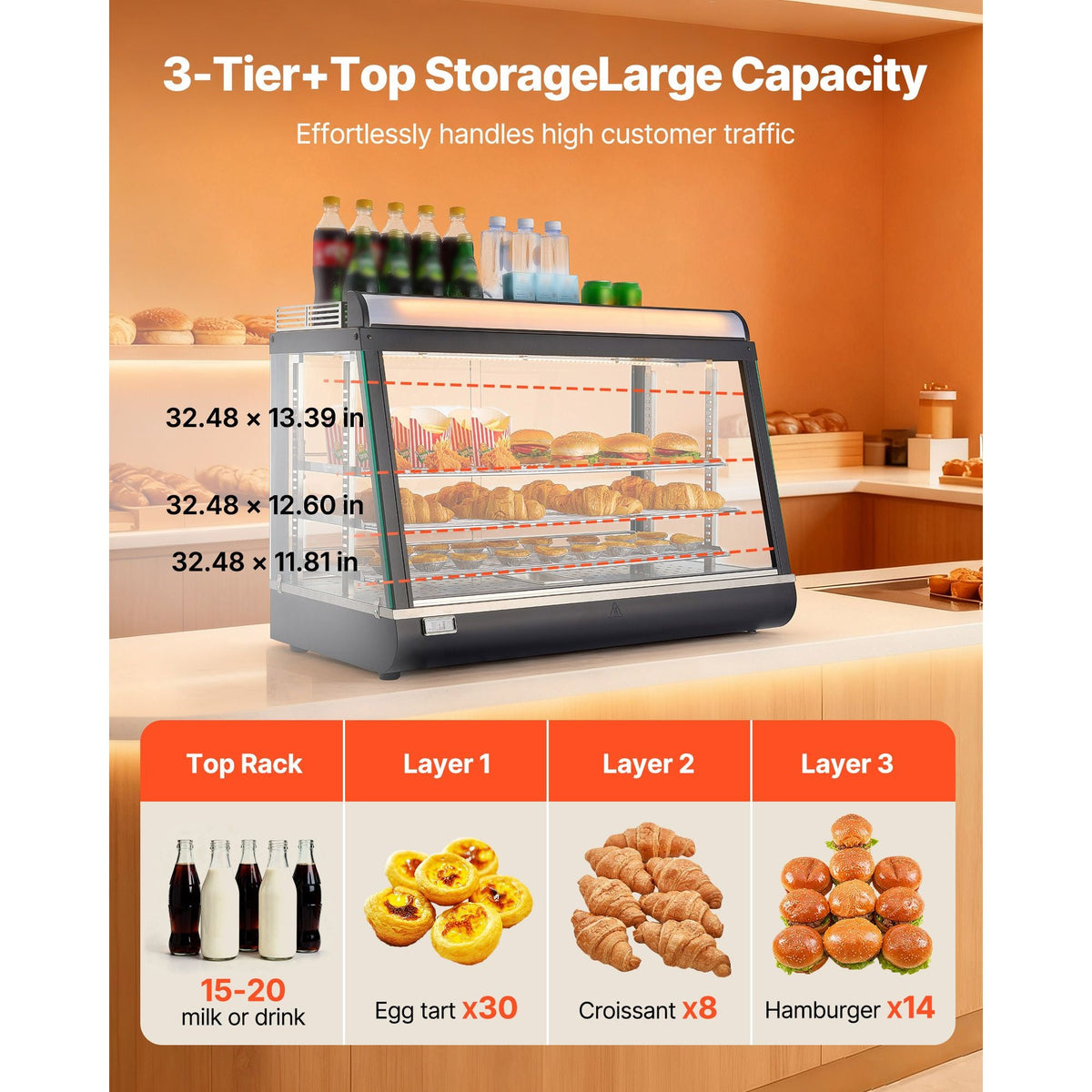 3-Tier Commercial Food Warmer Display, 1400W Food Display Warmer with LED Light, Top Storage and Adjustable Shelves, 86-185 F Steam Heating, 105L for Hamburger, Pizza, Bread, Fried Chicken