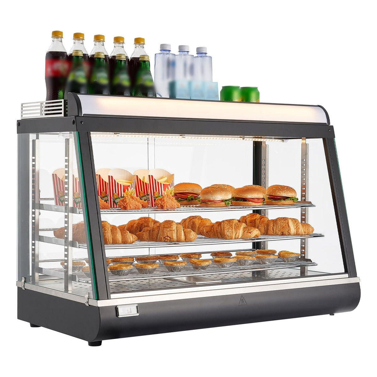 3-Tier Commercial Food Warmer Display, 1400W Food Display Warmer with LED Light, Top Storage and Adjustable Shelves, 86-185 F Steam Heating, 105L for Hamburger, Pizza, Bread, Fried Chicken