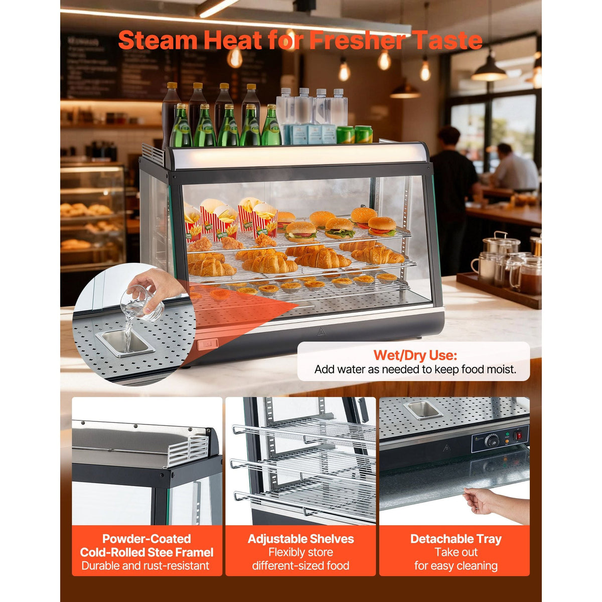 3-Tier Commercial Food Warmer Display, 1400W Food Display Warmer with LED Light, Top Storage and Adjustable Shelves, 86-185 F Steam Heating, 105L for Hamburger, Pizza, Bread, Fried Chicken