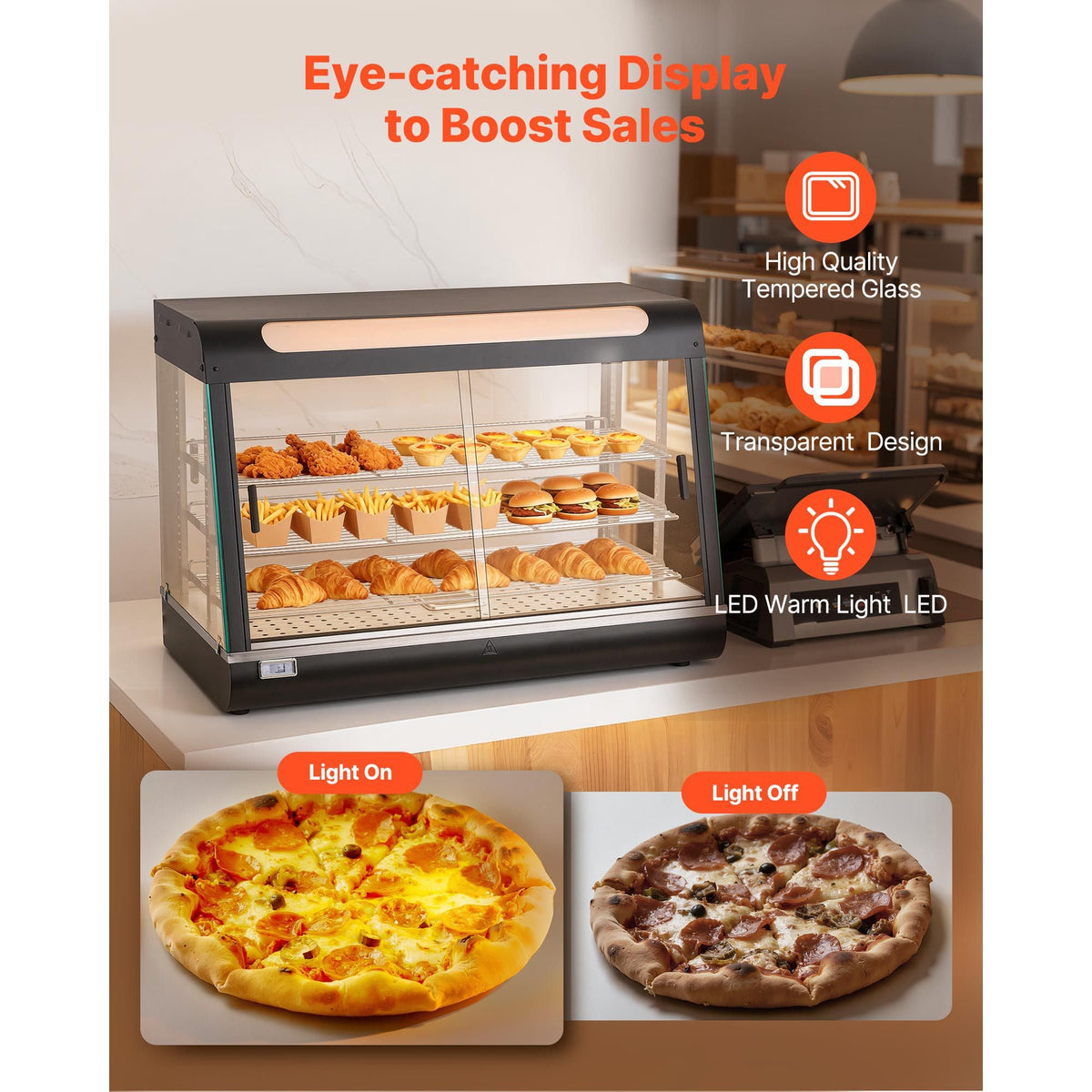 3-Tier Commercial Food Warmer Display, 1400W Food Display Warmer with LED Light, Top Storage and Adjustable Shelves, 86-185 Fahrenheit Steam Heating, 137Qt/130L for Hamburger, Pizza, Bread