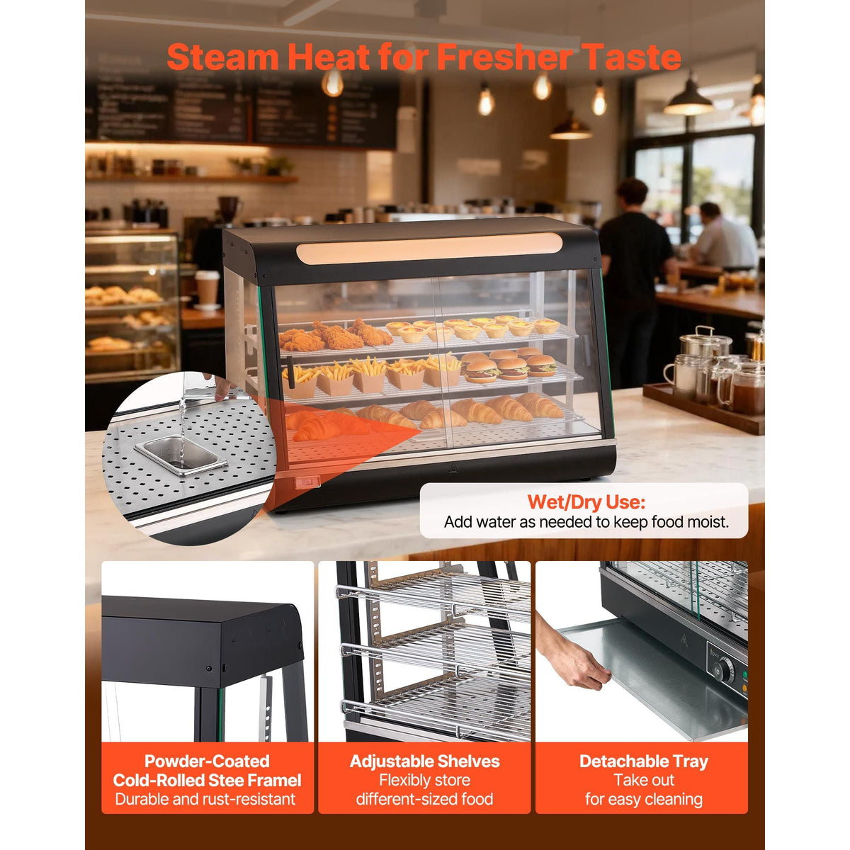 3-Tier Commercial Food Warmer Display, 1400W Food Display Warmer with LED Light, Top Storage and Adjustable Shelves, 86-185 Fahrenheit Steam Heating, 137Qt/130L for Hamburger, Pizza, Bread