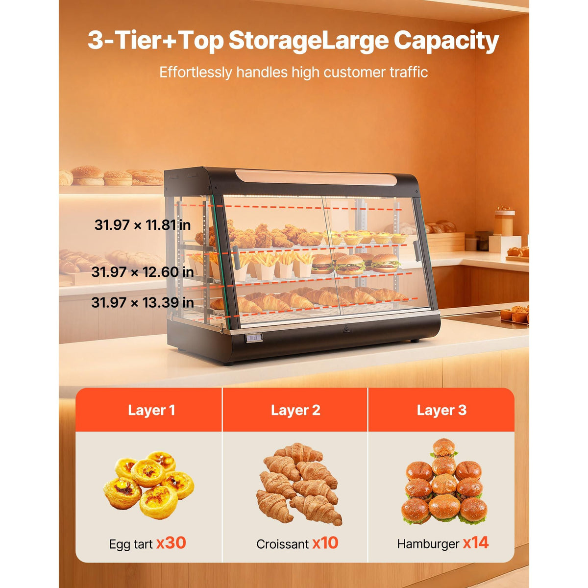 3-Tier Commercial Food Warmer Display, 1400W Food Display Warmer with LED Light, Top Storage and Adjustable Shelves, 86-185 Fahrenheit Steam Heating, 137Qt/130L for Hamburger, Pizza, Bread