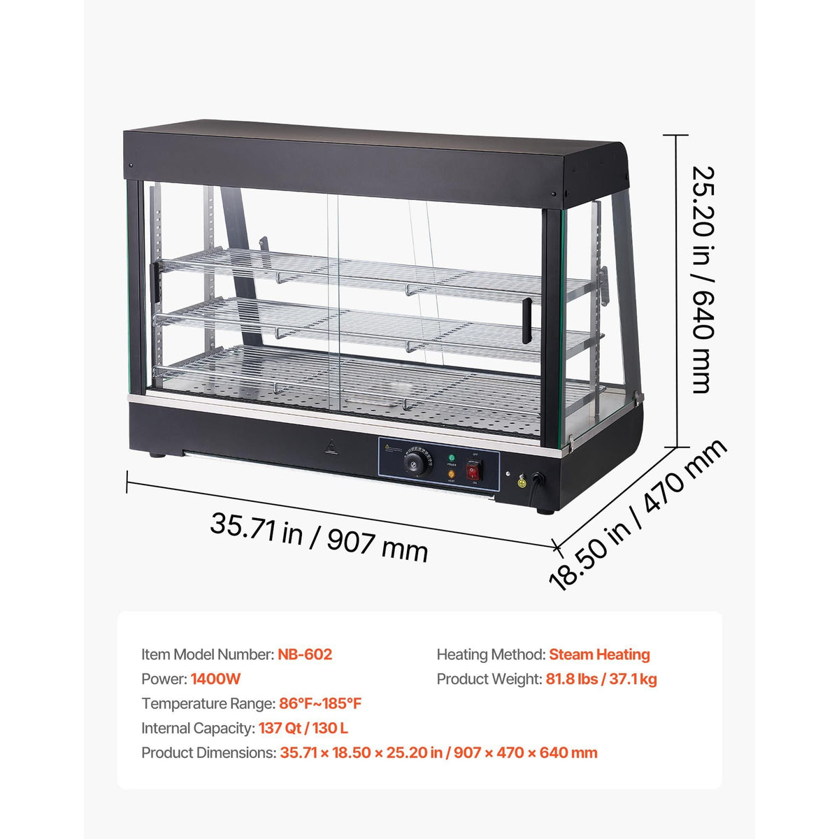 3-Tier Commercial Food Warmer Display, 1400W Food Display Warmer with LED Light, Top Storage and Adjustable Shelves, 86-185 Fahrenheit Steam Heating, 137Qt/130L for Hamburger, Pizza, Bread