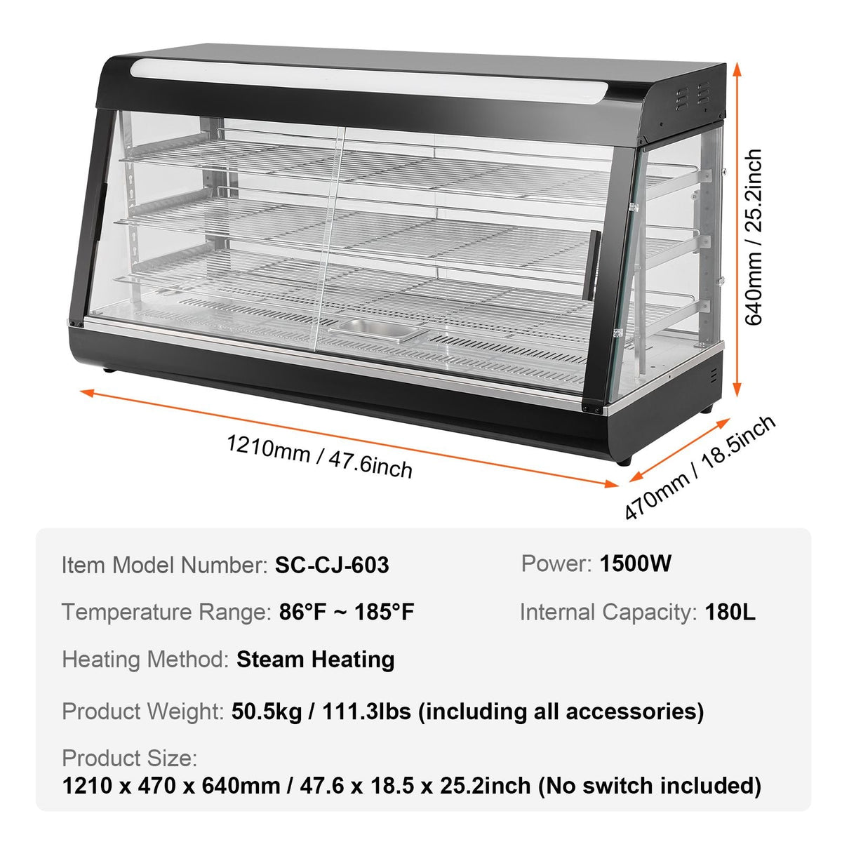 3-Tier Commercial Food Warmer Display, 1500W Food Display Warmer with Light, Adjustable Shelf and Temperature Display, 86-185 F Steam Heating, 180L for Hamburger, Pizza, Bread, Fried Chicken