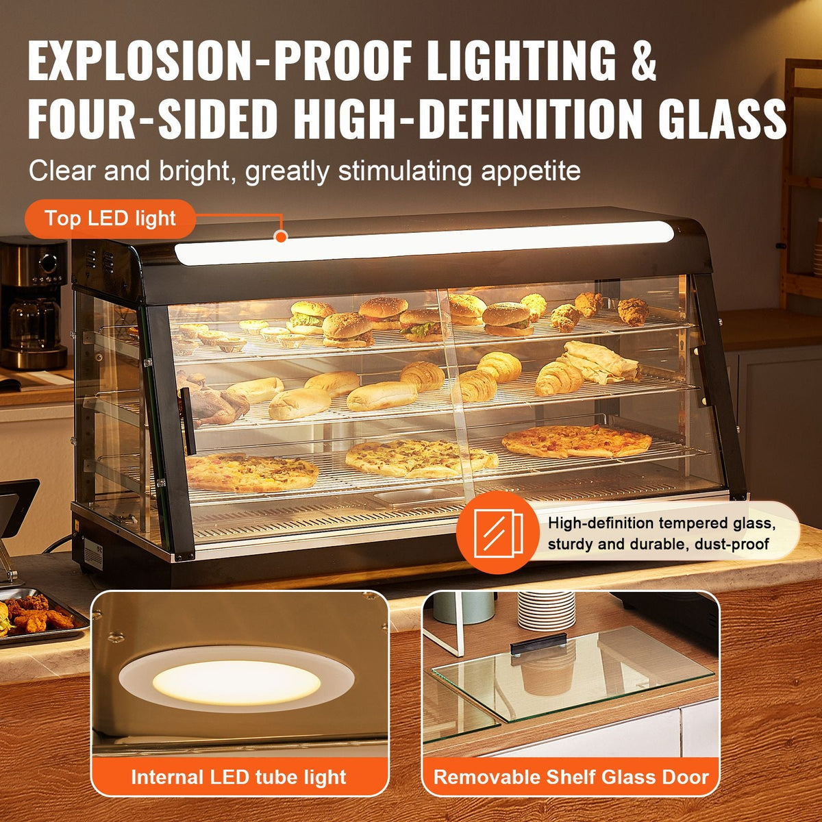 3-Tier Commercial Food Warmer Display, 1500W Food Display Warmer with Light, Adjustable Shelf and Temperature Display, 86-185 F Steam Heating, 180L for Hamburger, Pizza, Bread, Fried Chicken
