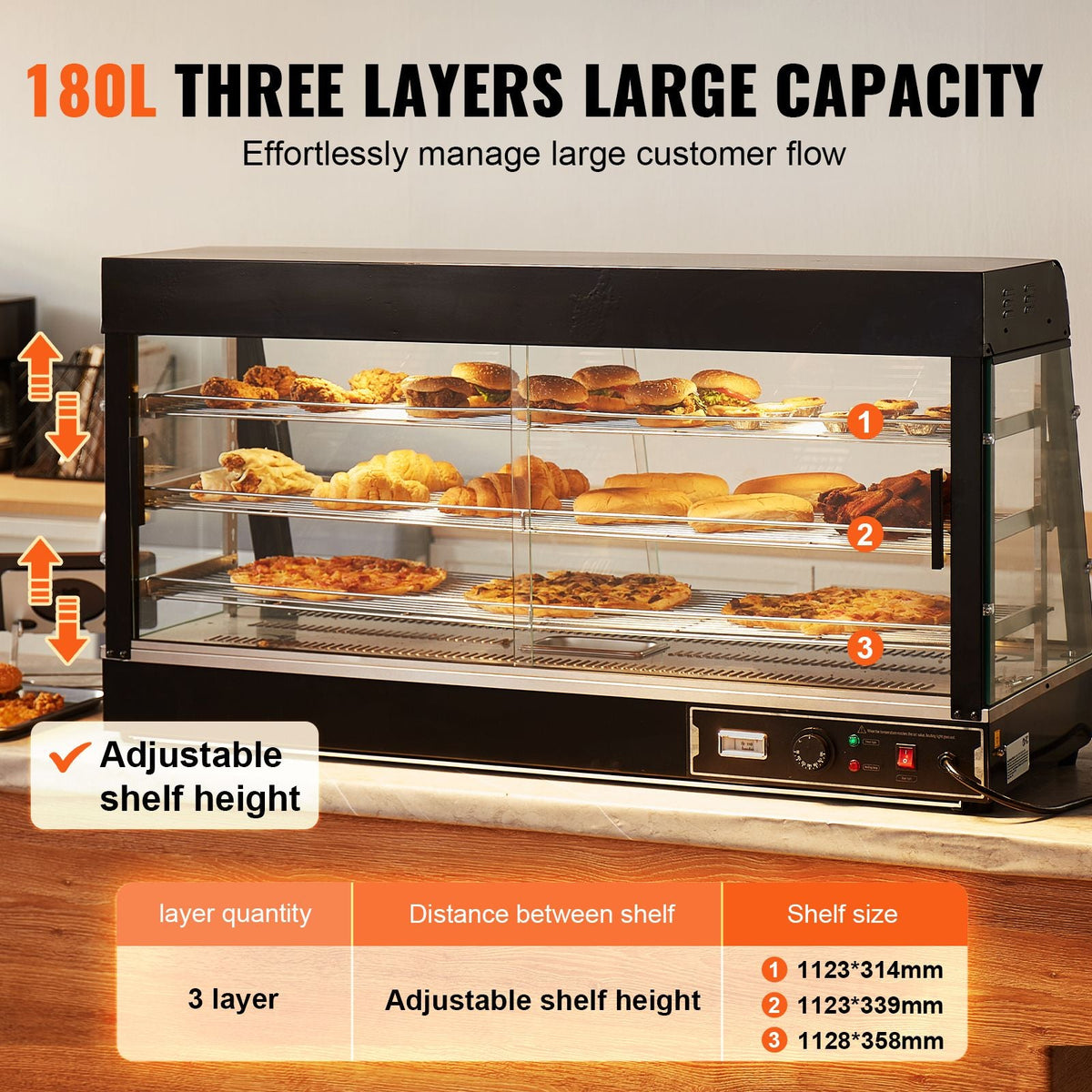 3-Tier Commercial Food Warmer Display, 1500W Food Display Warmer with Light, Adjustable Shelf and Temperature Display, 86-185 F Steam Heating, 180L for Hamburger, Pizza, Bread, Fried Chicken