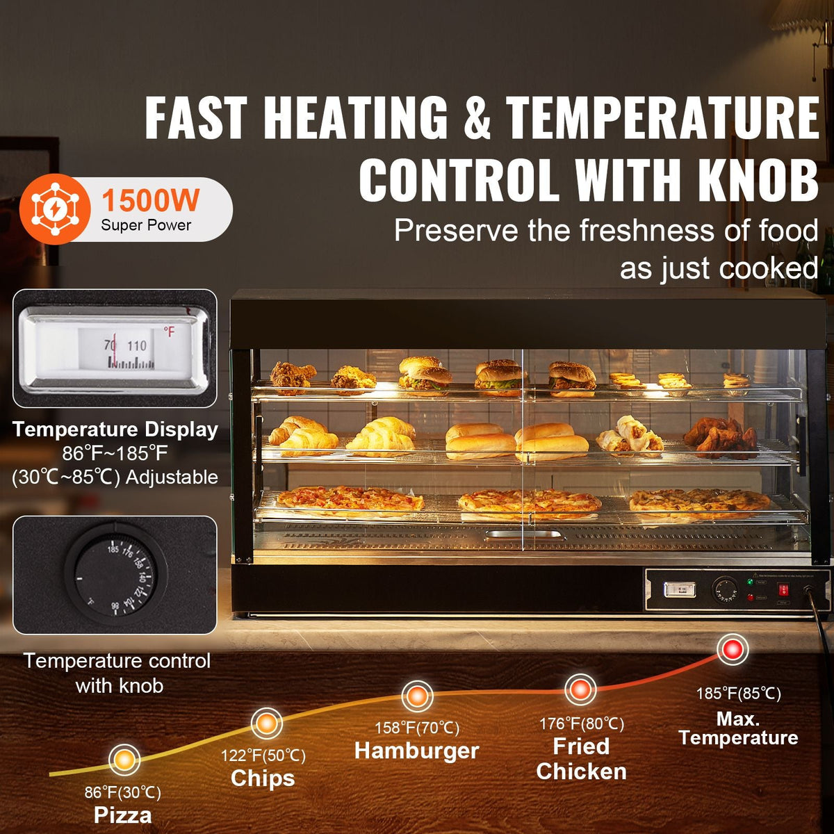 3-Tier Commercial Food Warmer Display, 1500W Food Display Warmer with Light, Adjustable Shelf and Temperature Display, 86-185 F Steam Heating, 180L for Hamburger, Pizza, Bread, Fried Chicken