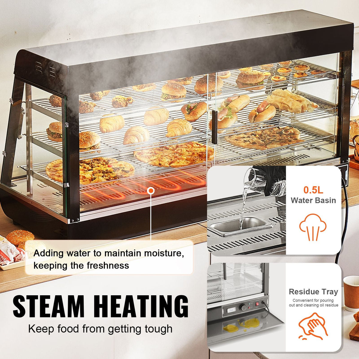 3-Tier Commercial Food Warmer Display, 1500W Food Display Warmer with Light, Adjustable Shelf and Temperature Display, 86-185 F Steam Heating, 180L for Hamburger, Pizza, Bread, Fried Chicken