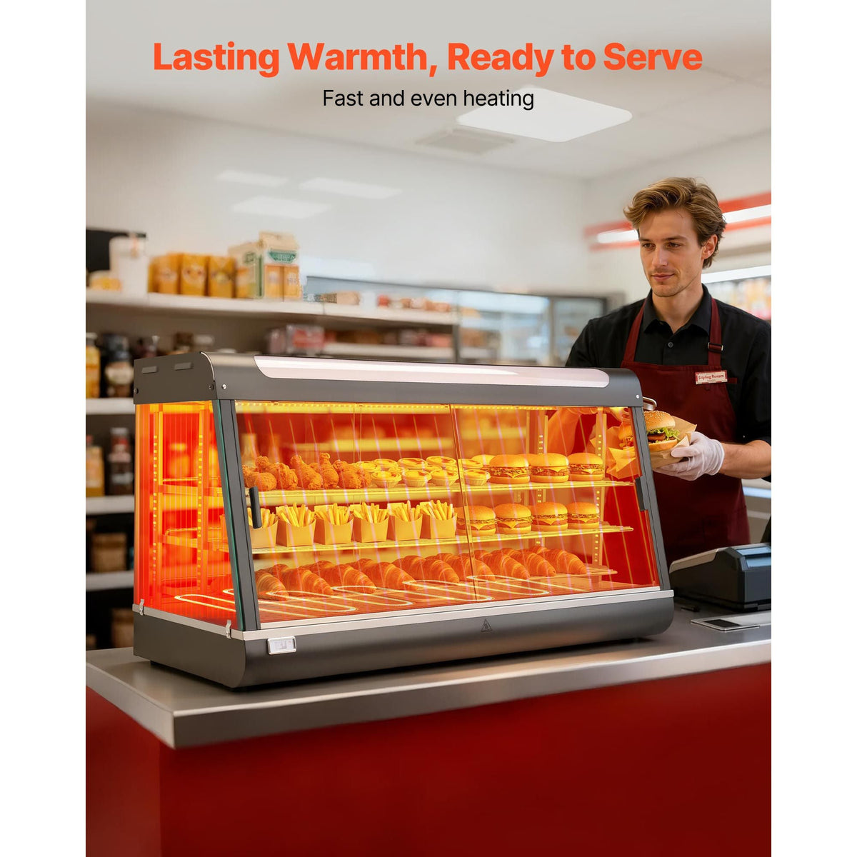 3-Tier Commercial Food Warmer Display, 1600W Food Display Warmer with LED Light, Top Storage and Adjustable Shelves, 86 - 185 Fahrenheit Steam Heating, 190Qt/180L for Hamburger, Pizza, Bread