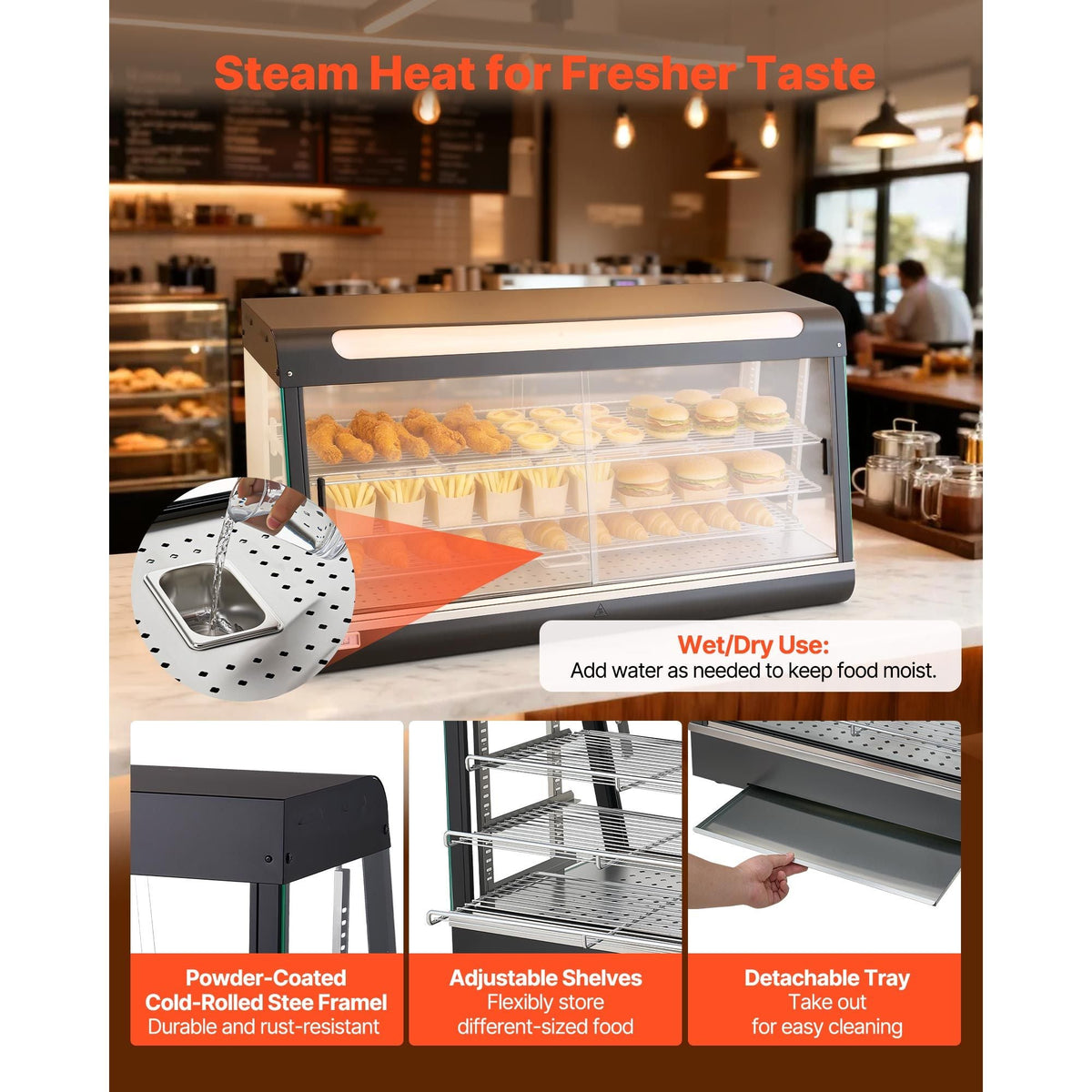 3-Tier Commercial Food Warmer Display, 1600W Food Display Warmer with LED Light, Top Storage and Adjustable Shelves, 86 - 185 Fahrenheit Steam Heating, 190Qt/180L for Hamburger, Pizza, Bread