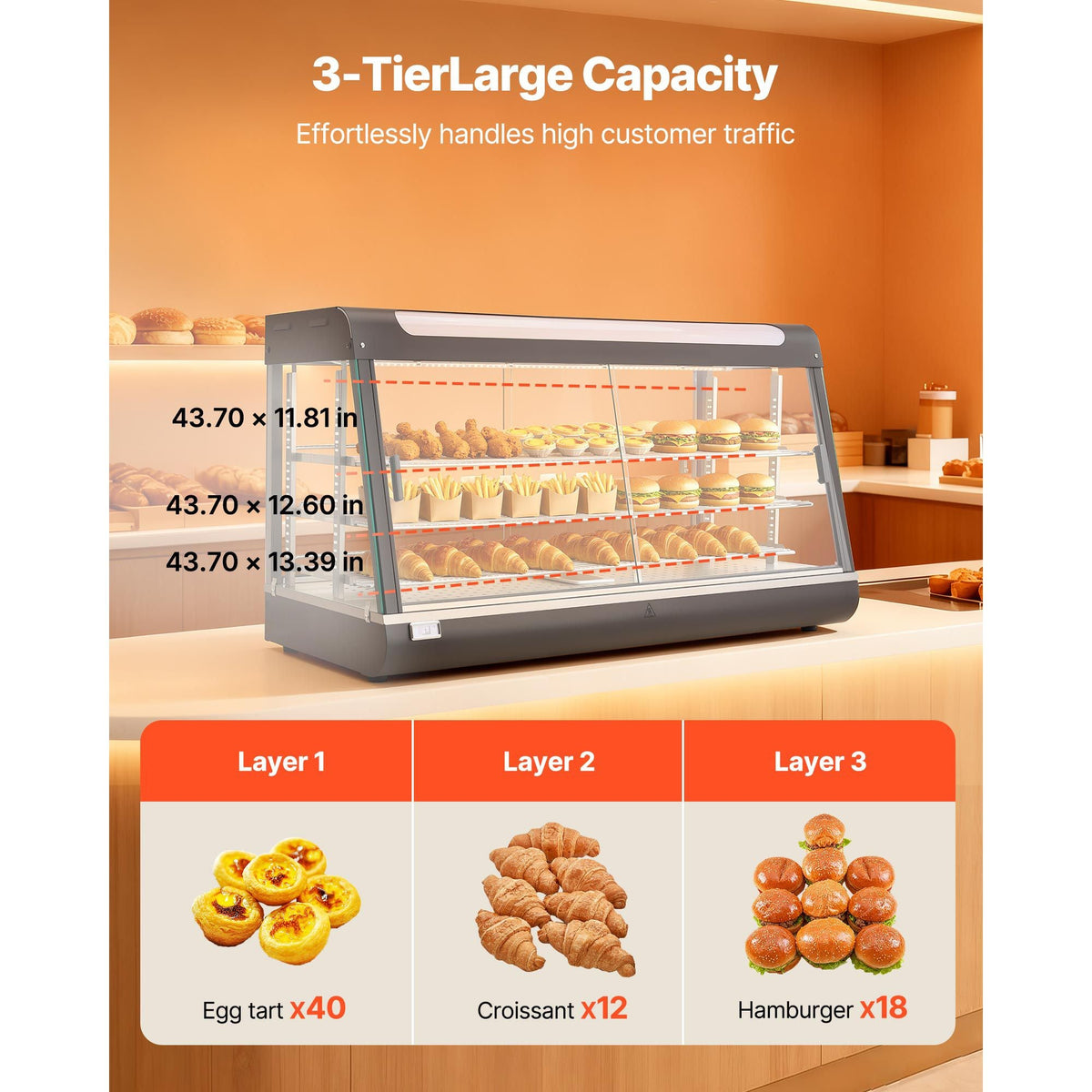 3-Tier Commercial Food Warmer Display, 1600W Food Display Warmer with LED Light, Top Storage and Adjustable Shelves, 86 - 185 Fahrenheit Steam Heating, 190Qt/180L for Hamburger, Pizza, Bread
