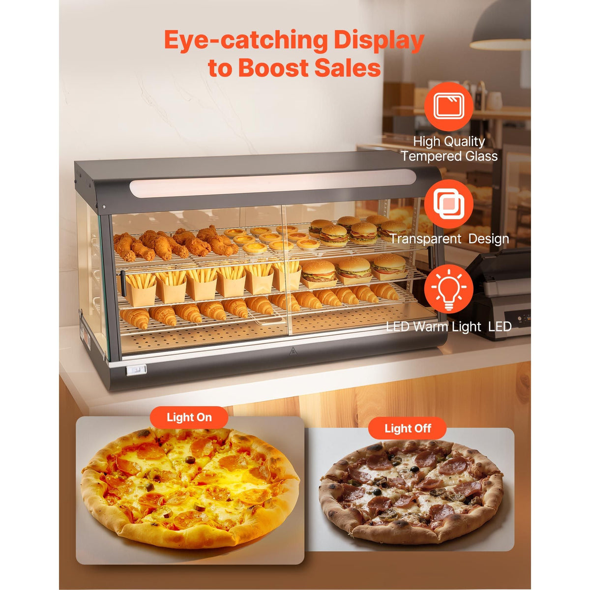 3-Tier Commercial Food Warmer Display, 1600W Food Display Warmer with LED Light, Top Storage and Adjustable Shelves, 86 - 185 Fahrenheit Steam Heating, 190Qt/180L for Hamburger, Pizza, Bread