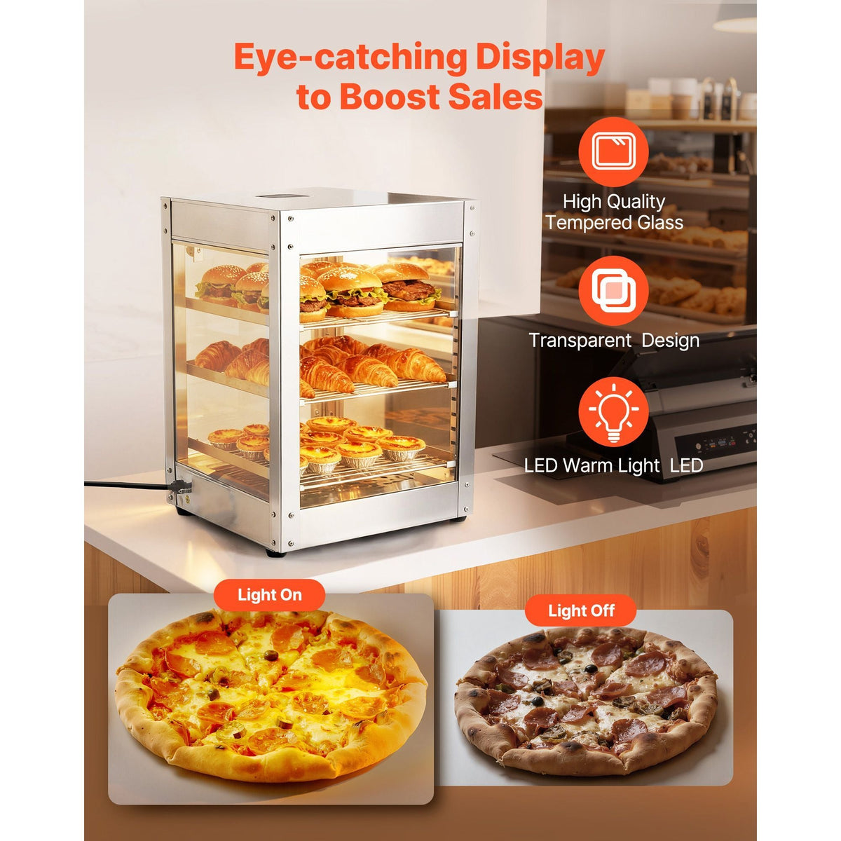 3-Tier Commercial Food Warmer Display, 800W Food Display Warmer with LED Light, Adjustable Shelf and Stainless Steel Frame, 86-185 F Air Heating, 34L for Hamburger, Pizza, Bread, Fried Chicken