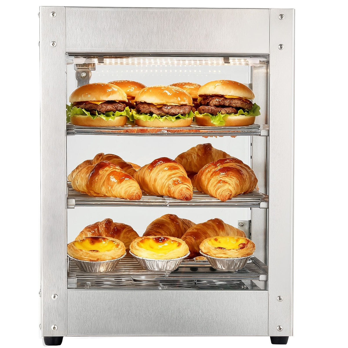 3-Tier Commercial Food Warmer Display, 800W Food Display Warmer with LED Light, Adjustable Shelf and Stainless Steel Frame, 86-185 F Air Heating, 34L for Hamburger, Pizza, Bread, Fried Chicken