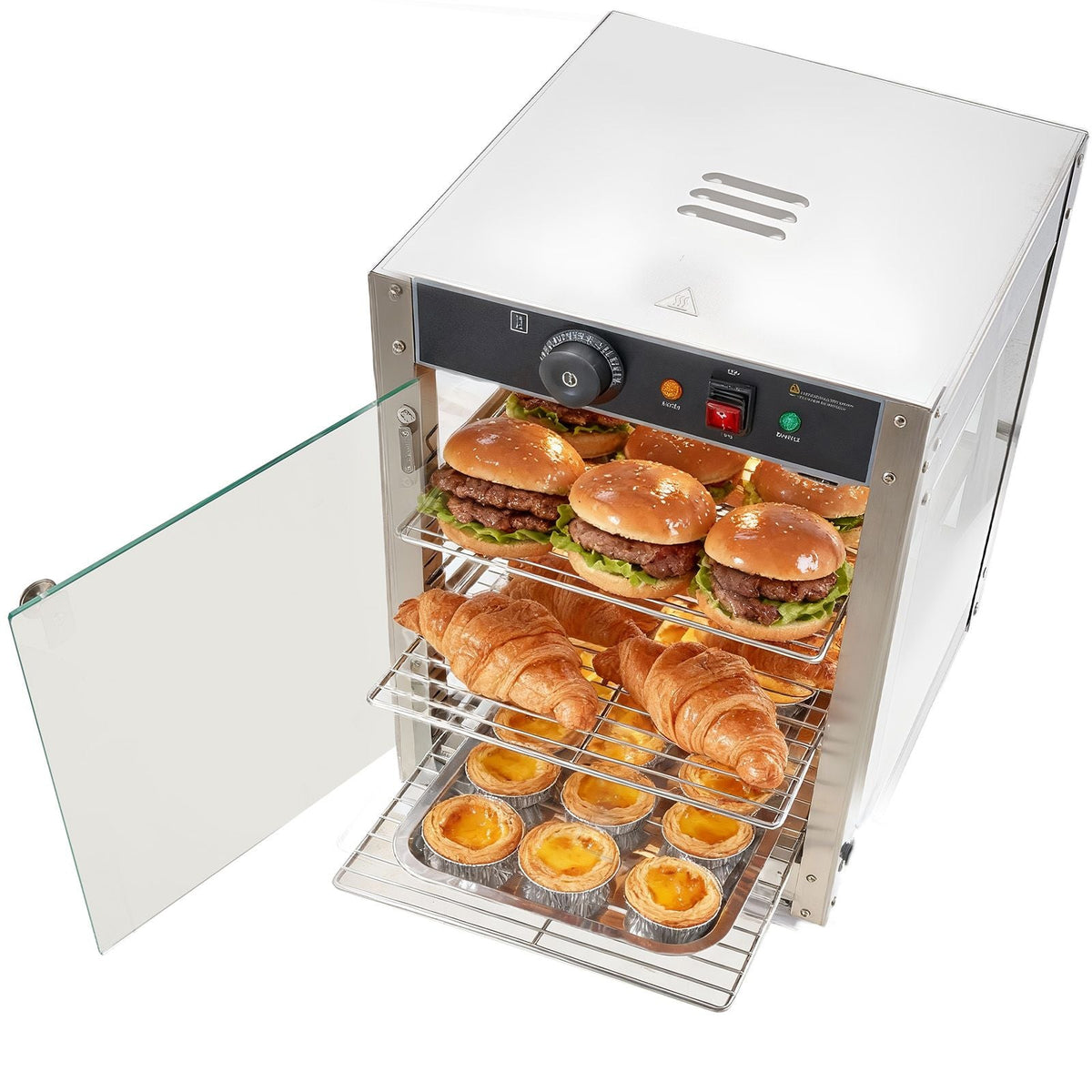 3-Tier Commercial Food Warmer Display, 800W Food Display Warmer with LED Light, Adjustable Shelf and Stainless Steel Frame, 86-185 F Air Heating, 34L for Hamburger, Pizza, Bread, Fried Chicken