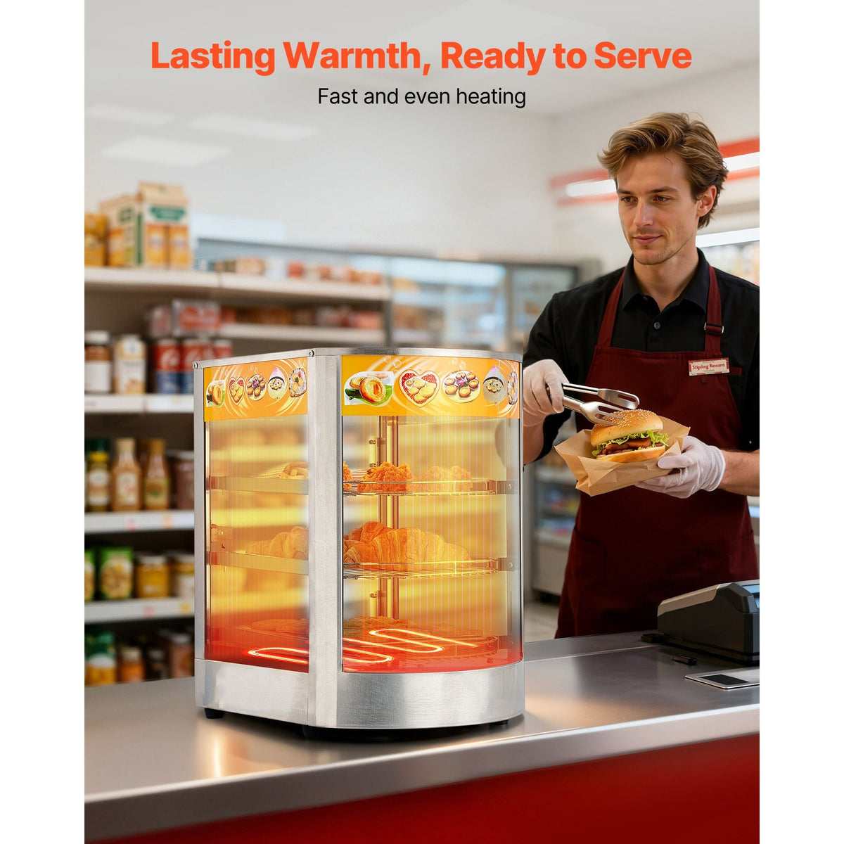 3-Tier Commercial Food Warmer Display, 800W Food Display Warmer with LED Light, Adjustable Shelf and Stainless Steel Frame, 86-185 Fahrenheit Air Heating, 60L for Hamburger, Pizza, Bread