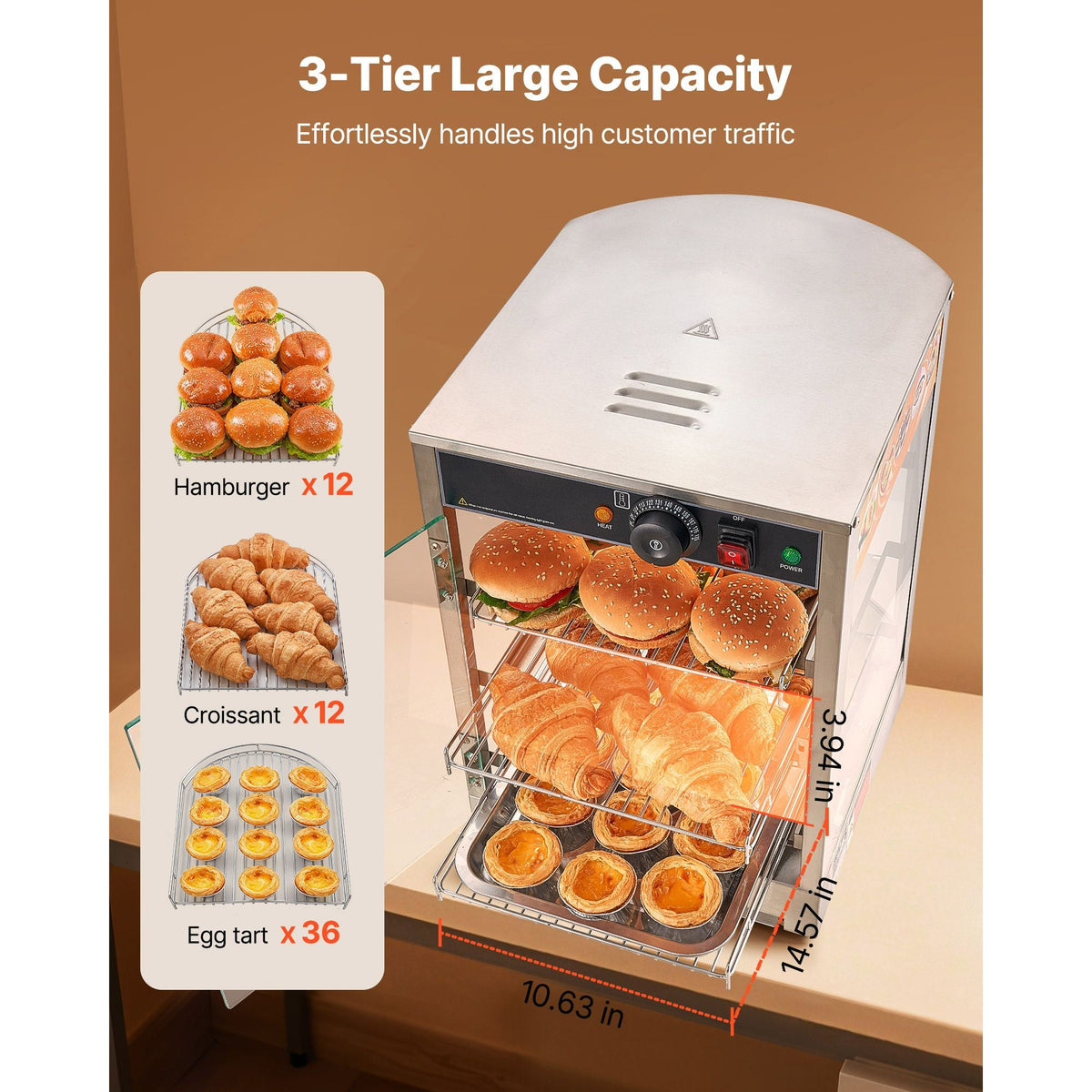 3-Tier Commercial Food Warmer Display, 800W Food Display Warmer with LED Light, Adjustable Shelf and Stainless Steel Frame, 86-185 Fahrenheit Air Heating, 60L for Hamburger, Pizza, Bread
